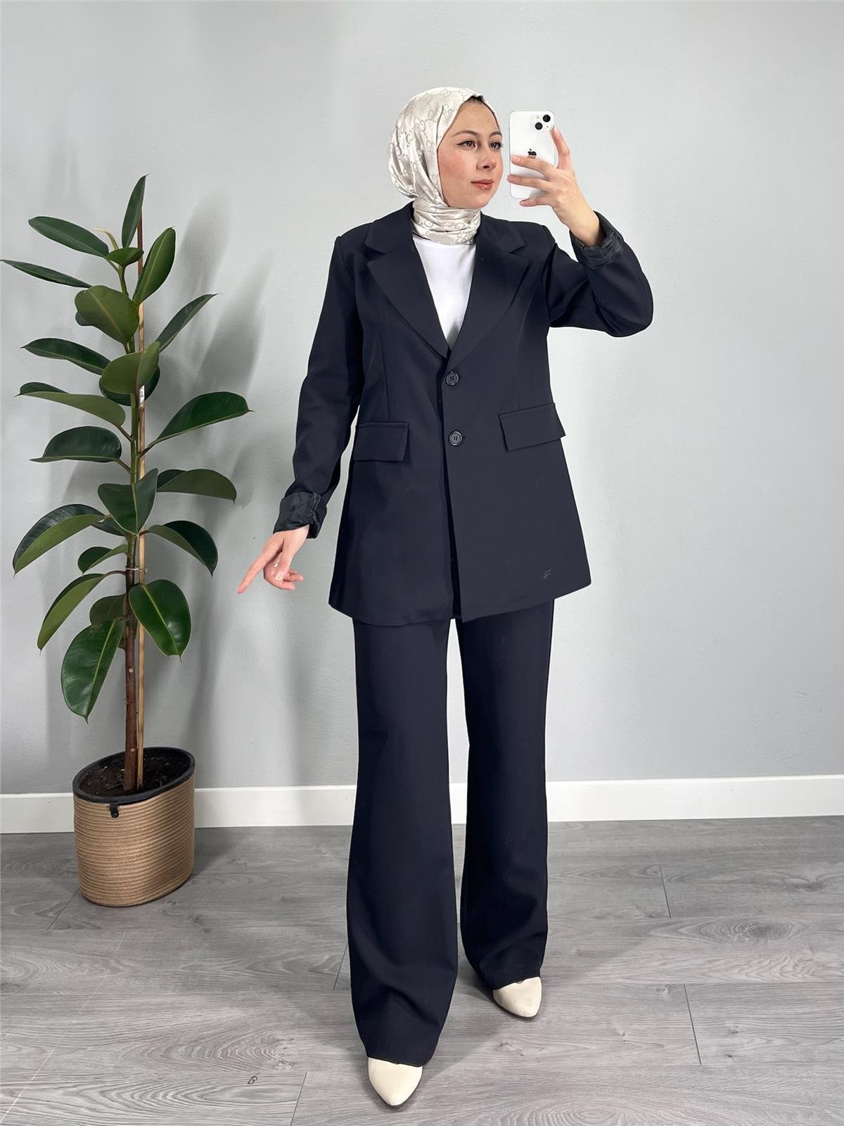 Düğmeli Blazer Ceket Pantolon Takım Siyah