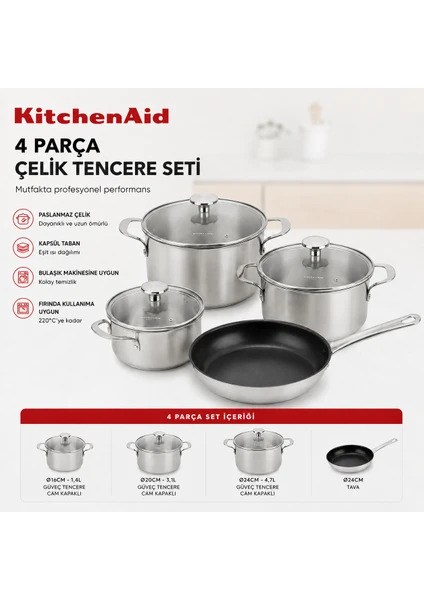 KitchenAid7 Parça Çelik Tencere Seti
