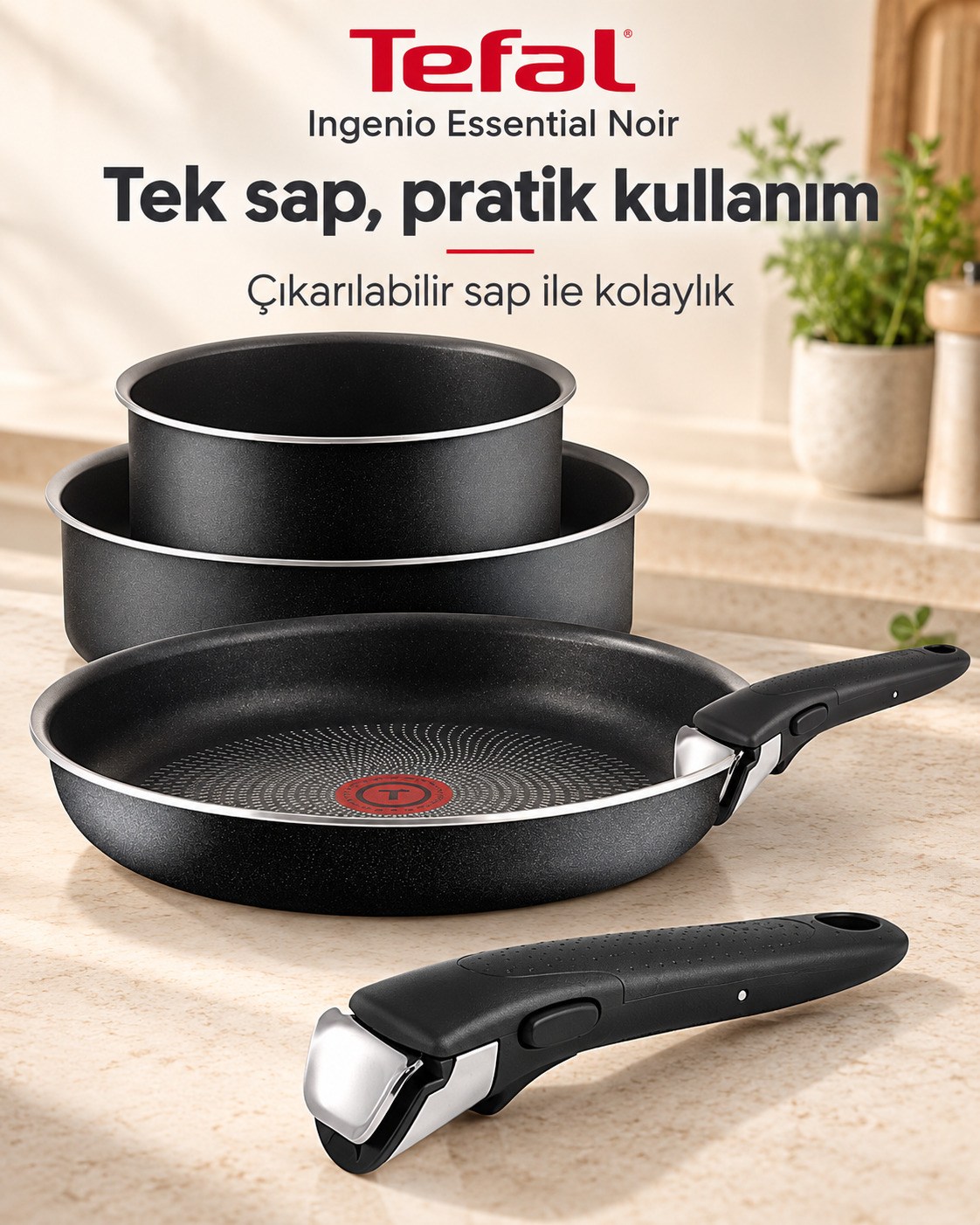 TefalIngenio Essential Noir 4 Parça Çıkarılabilir Saplı Tencere ve Tava Seti – L2006502