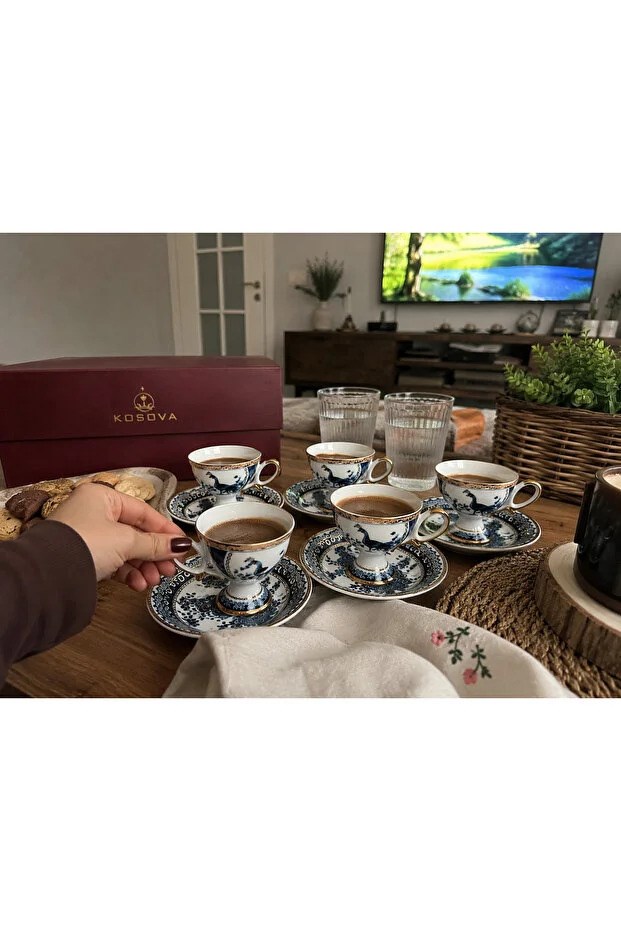 UCUZUNABAKPremium Collection Ayaklı 6'lı Türk Kahvesi Fincan Takımı Mavi Gold Desenli Kutulu Lüx Kahve Seti