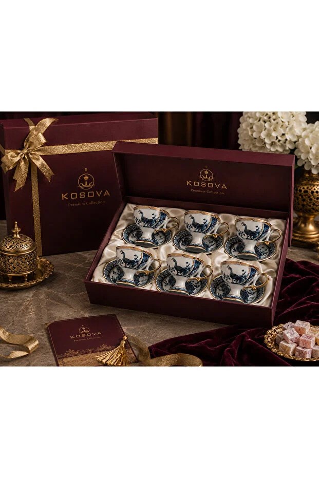 UCUZUNABAKPremium Collection Ayaklı 6'lı Türk Kahvesi Fincan Takımı Mavi Gold Desenli Kutulu Lüx Kahve Seti