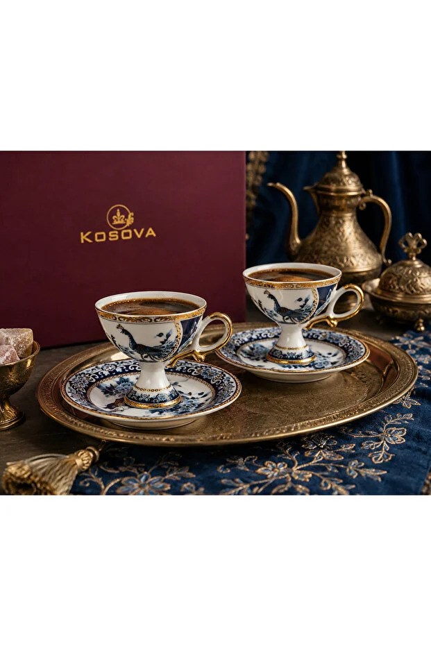 UCUZUNABAKPremium Collection Ayaklı 6'lı Türk Kahvesi Fincan Takımı Mavi Gold Desenli Kutulu Lüx Kahve Seti