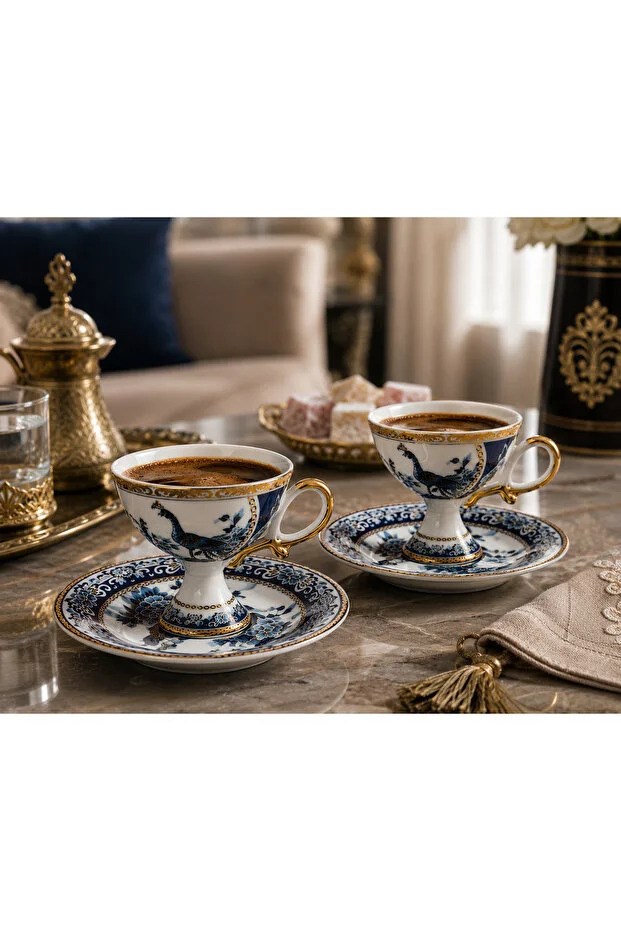 UCUZUNABAKPremium Collection Ayaklı 6'lı Türk Kahvesi Fincan Takımı Mavi Gold Desenli Kutulu Lüx Kahve Seti