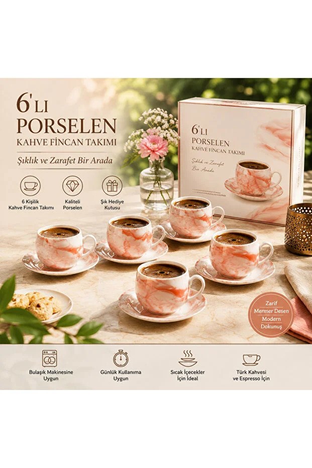 UCUZUNABAKRose Coral Marble 6'lı Porselen Kahve Fincan Takımı