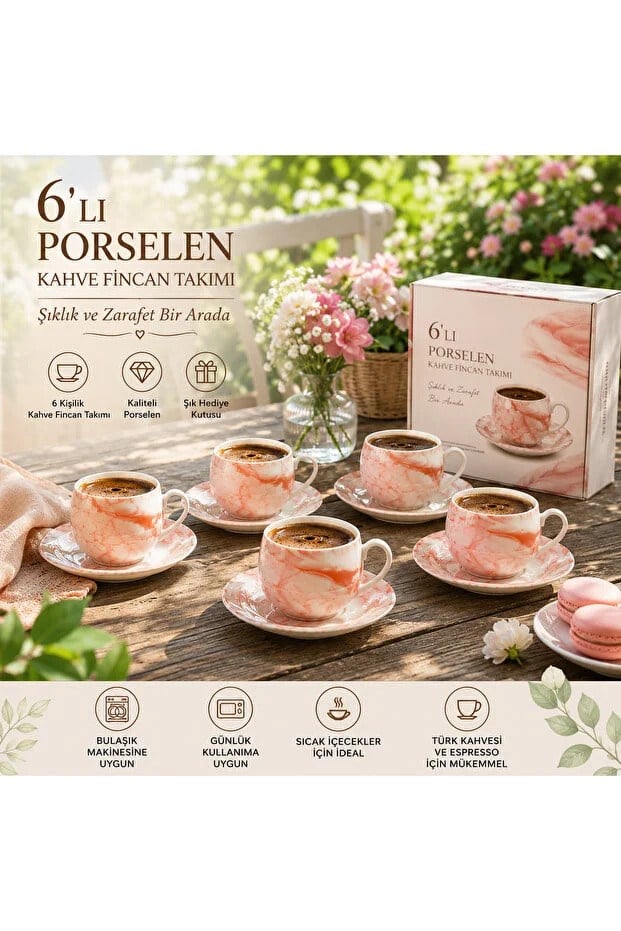UCUZUNABAKRose Coral Marble 6'lı Porselen Kahve Fincan Takımı