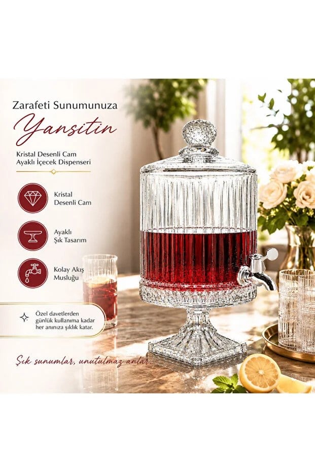 UCUZUNABAKRoyal Crystal 4,5 LT Kristal Desenli Lüx Cam Sebil – Musluklu Ayaklı Limonata & İçecek Dispenseri