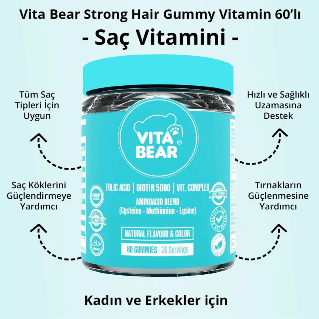 Vita Bear Strong Hair Gummies Saç Vitamini Gummies Gıda Takviyesi 60 Adet
