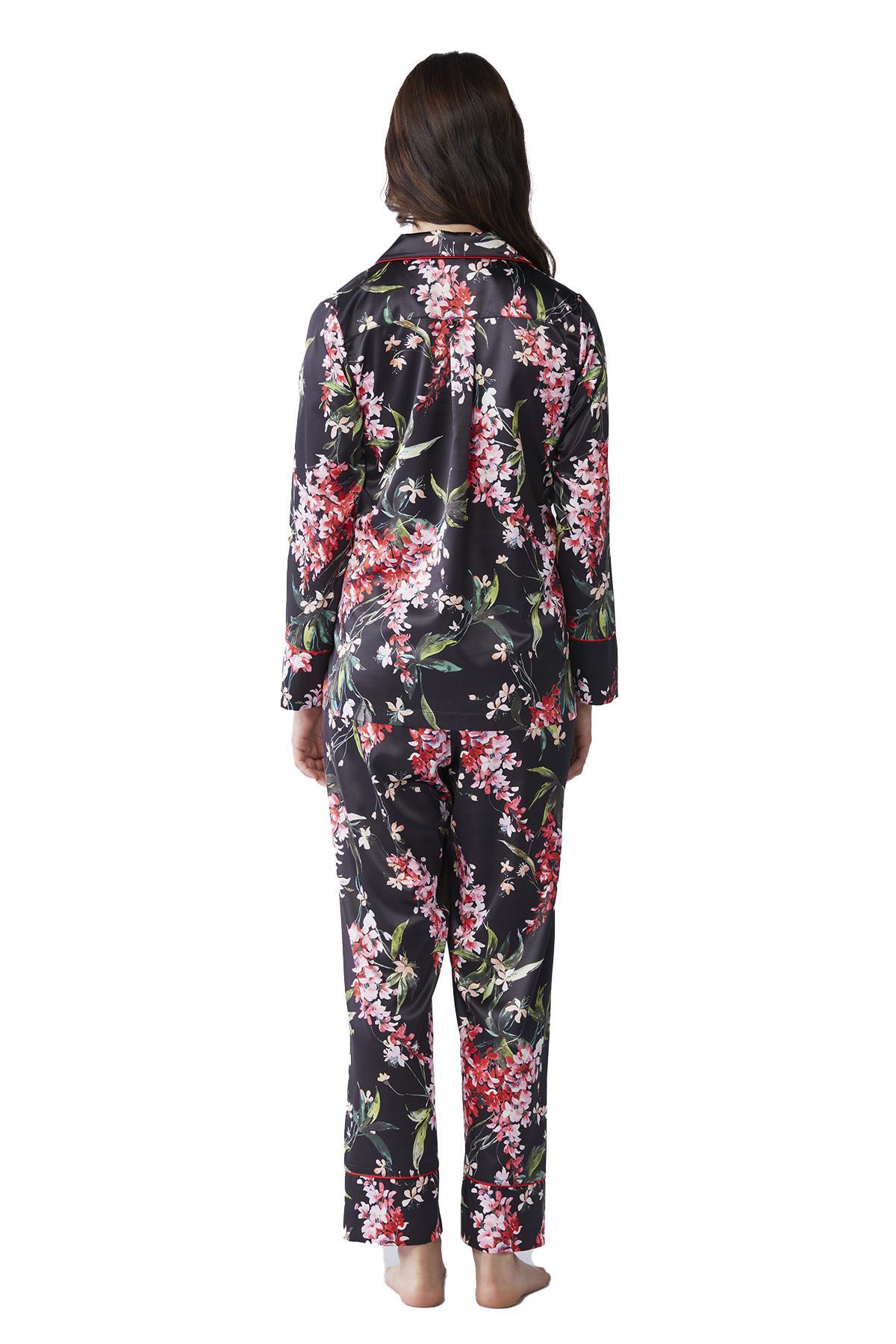 Penye Mood Kadın Çiçek Desenli Saten Pijama Takımı 2040