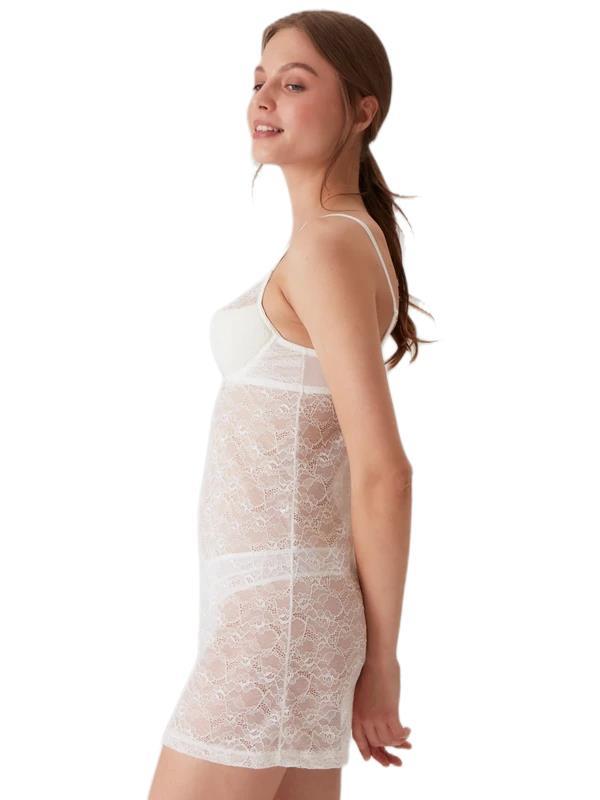 Pierre Cardin Ekru Pedli Balenli Çeyiz Dantel Gecelik ve String Fantezi İç Çamaşır Takımı 4661