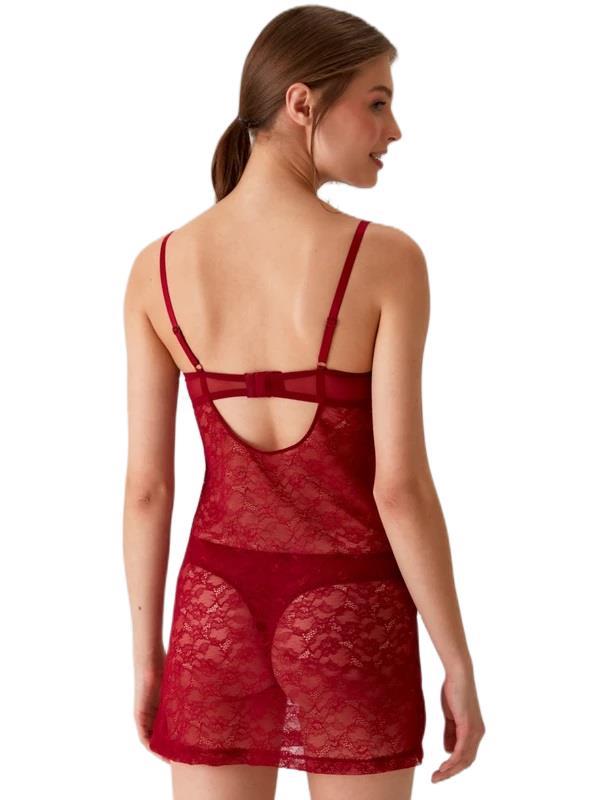 Pierre Cardin Kadın Bordo Pedli Balenli Çeyiz Dantel Gecelik ve String Fantezi İç Çamaşır Takımı 4661