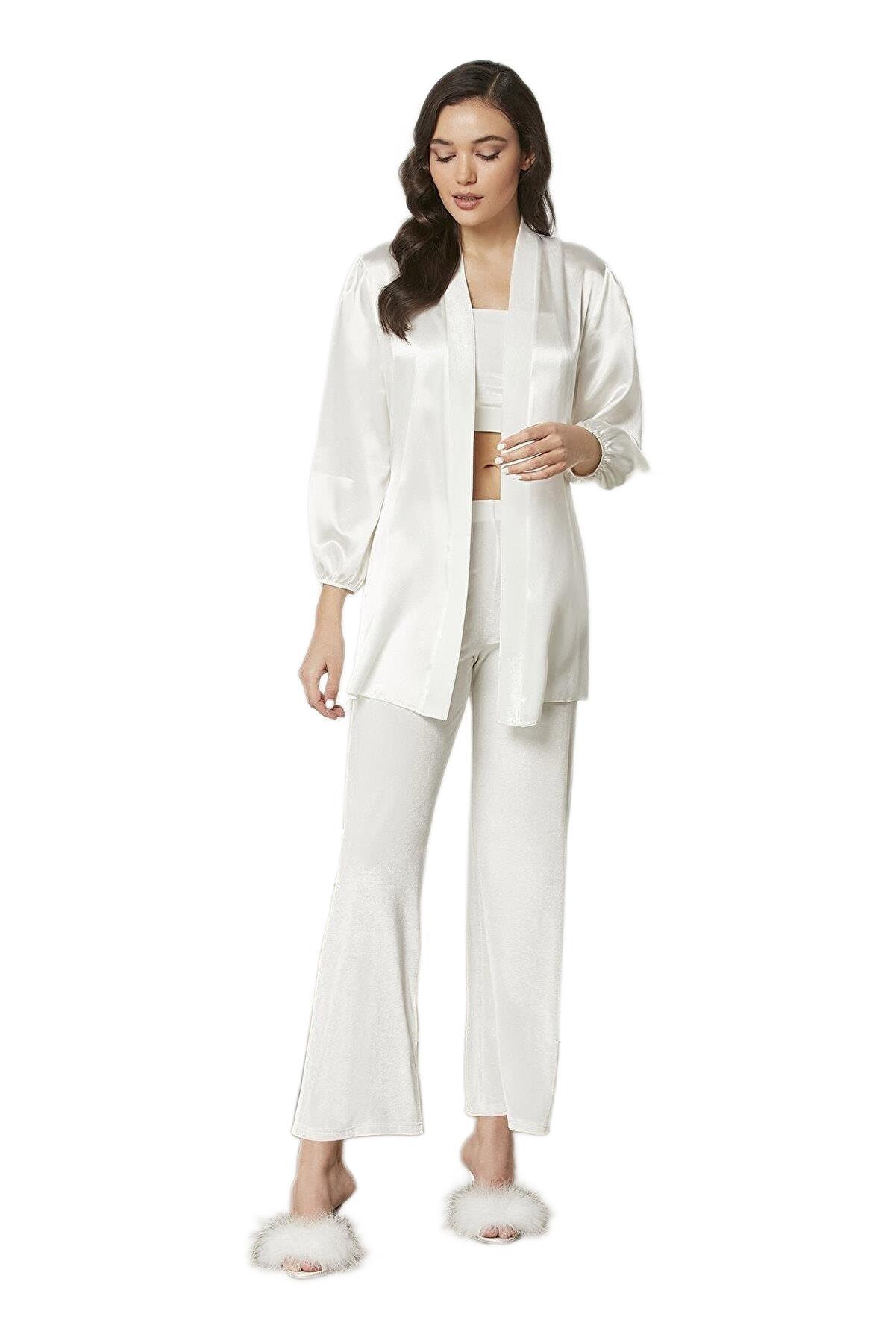 Pierre Cardin Kadın Ekru Kadife Saten 3'lü Crop'lu Pijama Takımı 2050 