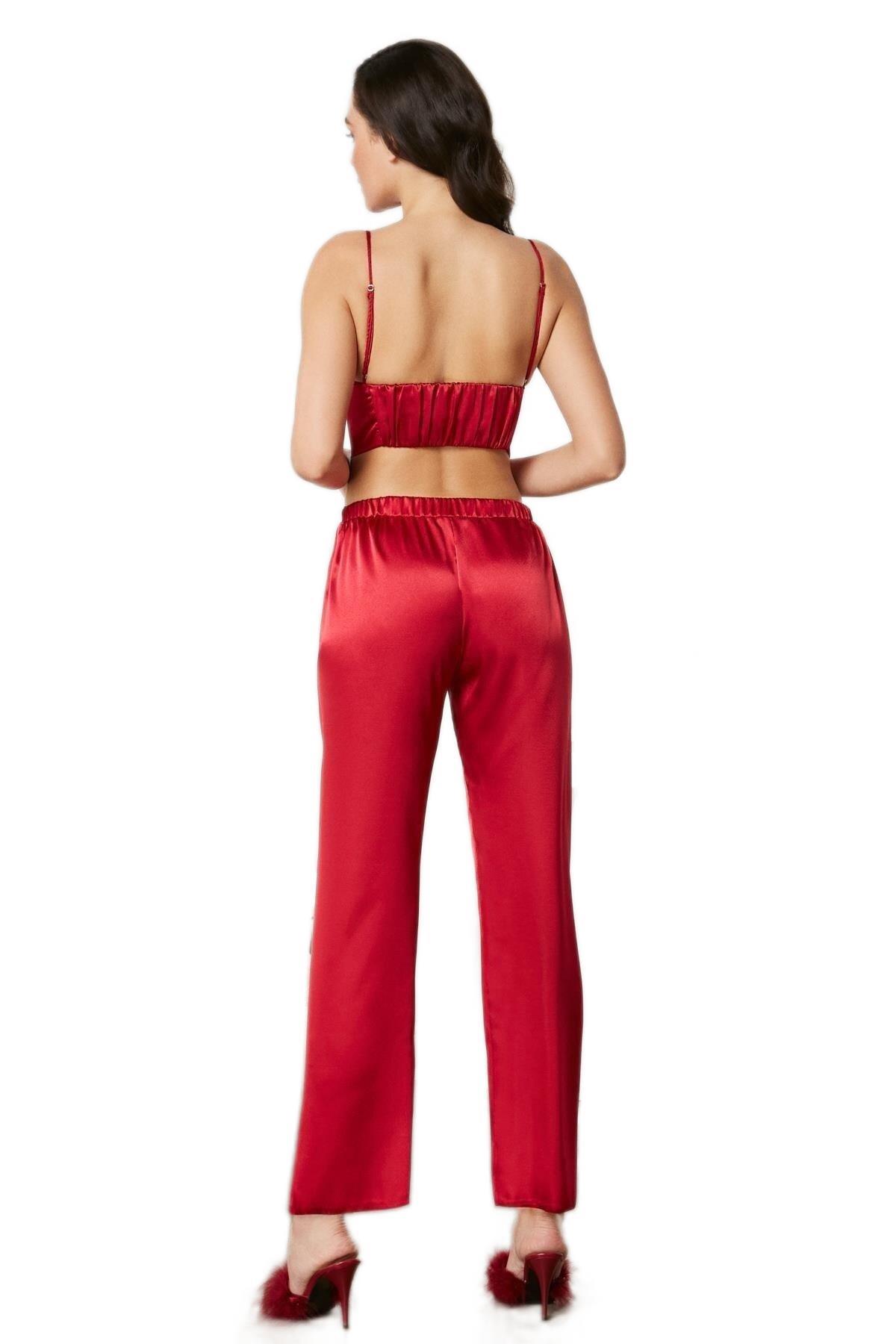 Pierre Cardin Kadın Kırmızı Saten 3'lü Pijama Takımı 2075