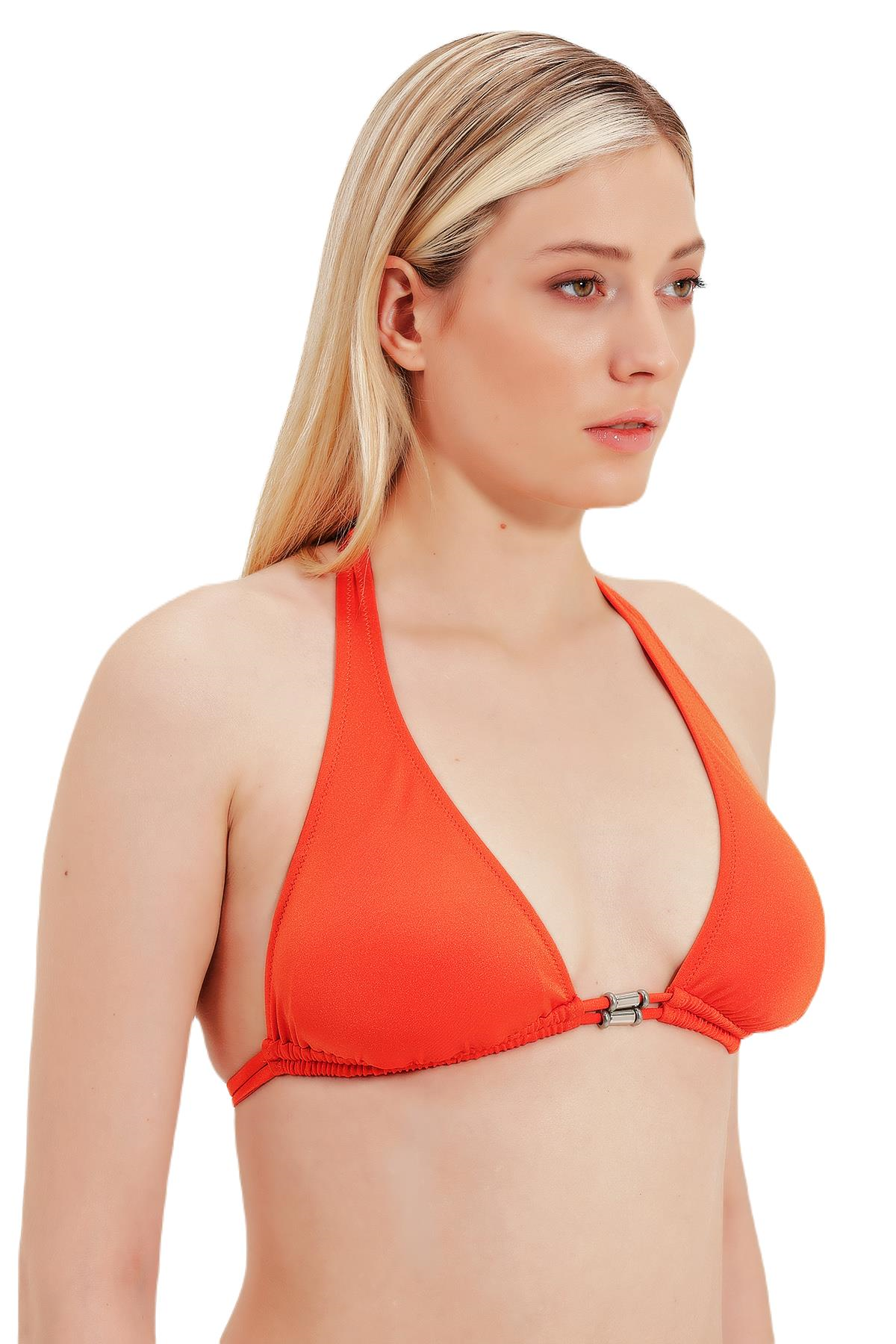 Zeki Aksesuar Detaylı Boyundan Bağlamalı Turuncu Bikini Üst 