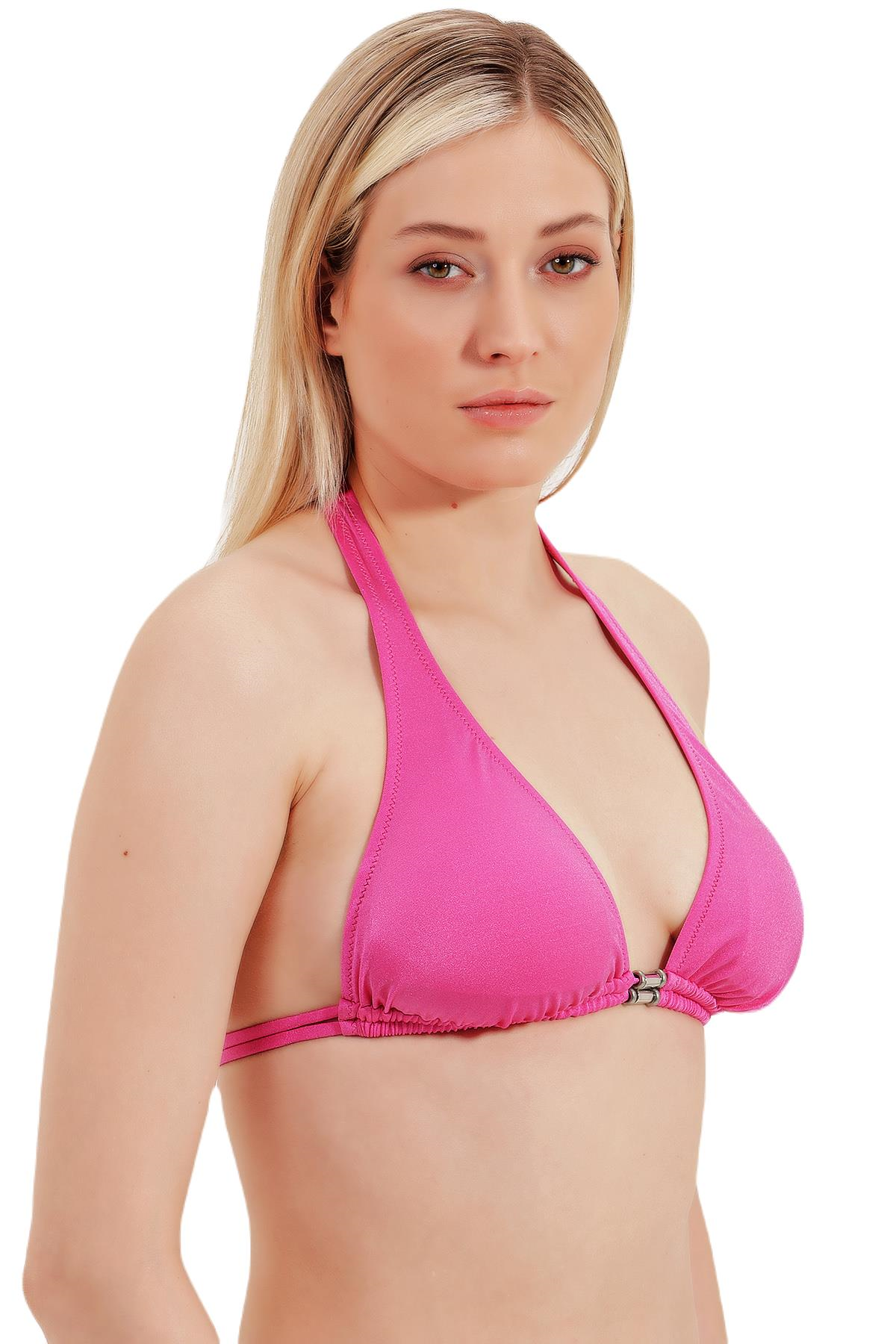 Zeki Aksesuar Detaylı Boyundan Bağlamalı Pembe Bikini Üst 
