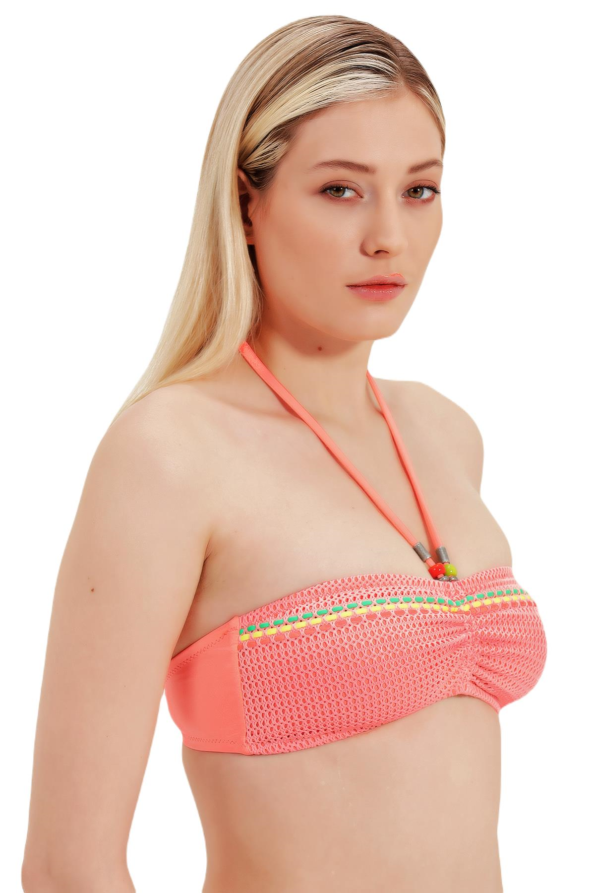 Zeki Cam Boncuk Detaylı Straplez Bikini Üst 