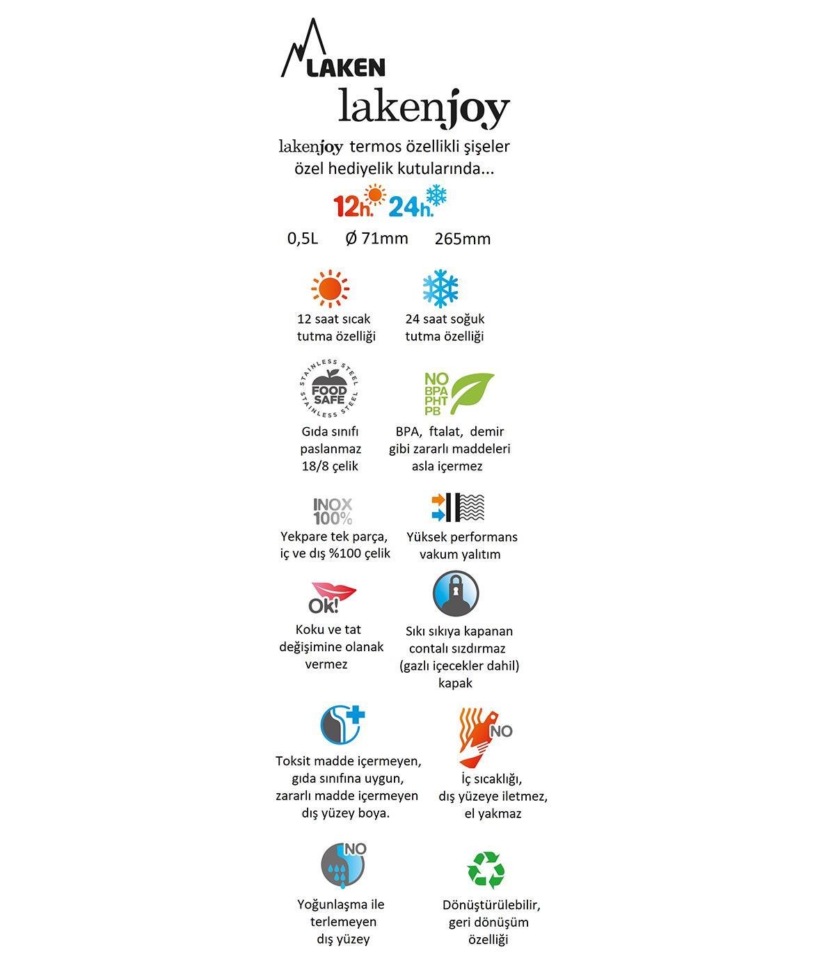 Laken Çelik 18/8 LakenJoy Termos Şişe 0,50L - Siyah LKJ50N