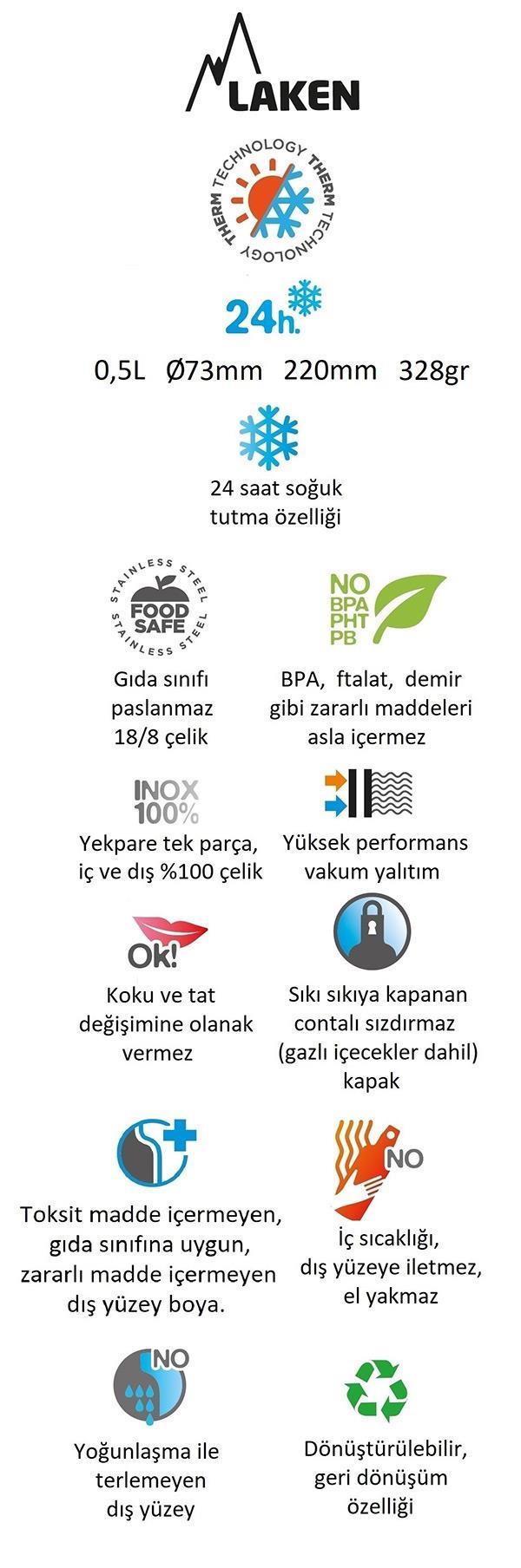 Laken Çelik 18/8 Summit Termos Şişe 0,50L - Siyah LKTS5N