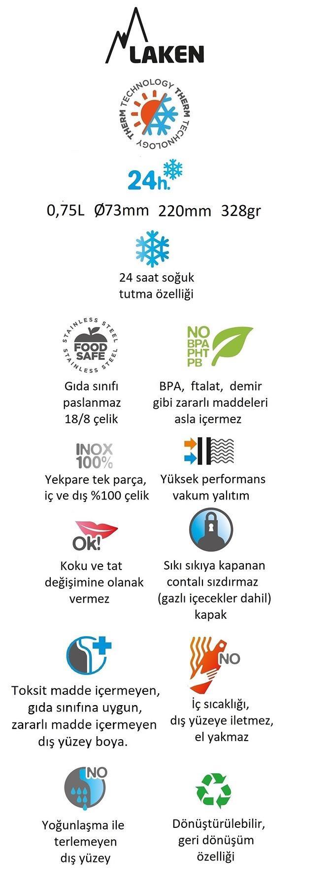 Laken Çelik 18/8 Summit Termos Şişe 0,75L - Haki LKTS7K