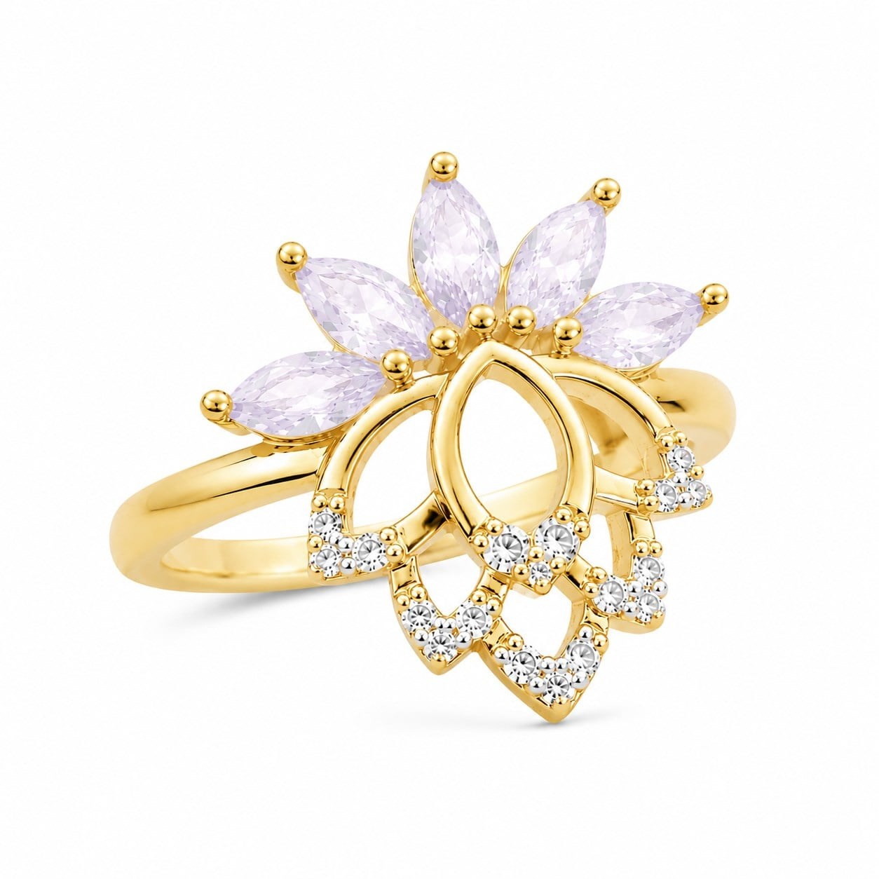 14 K Gold Kaplama 925 Ayar Gümüş Lotus Tasarımlı Taşlı Büyük Boy Yüzük 14 Numara