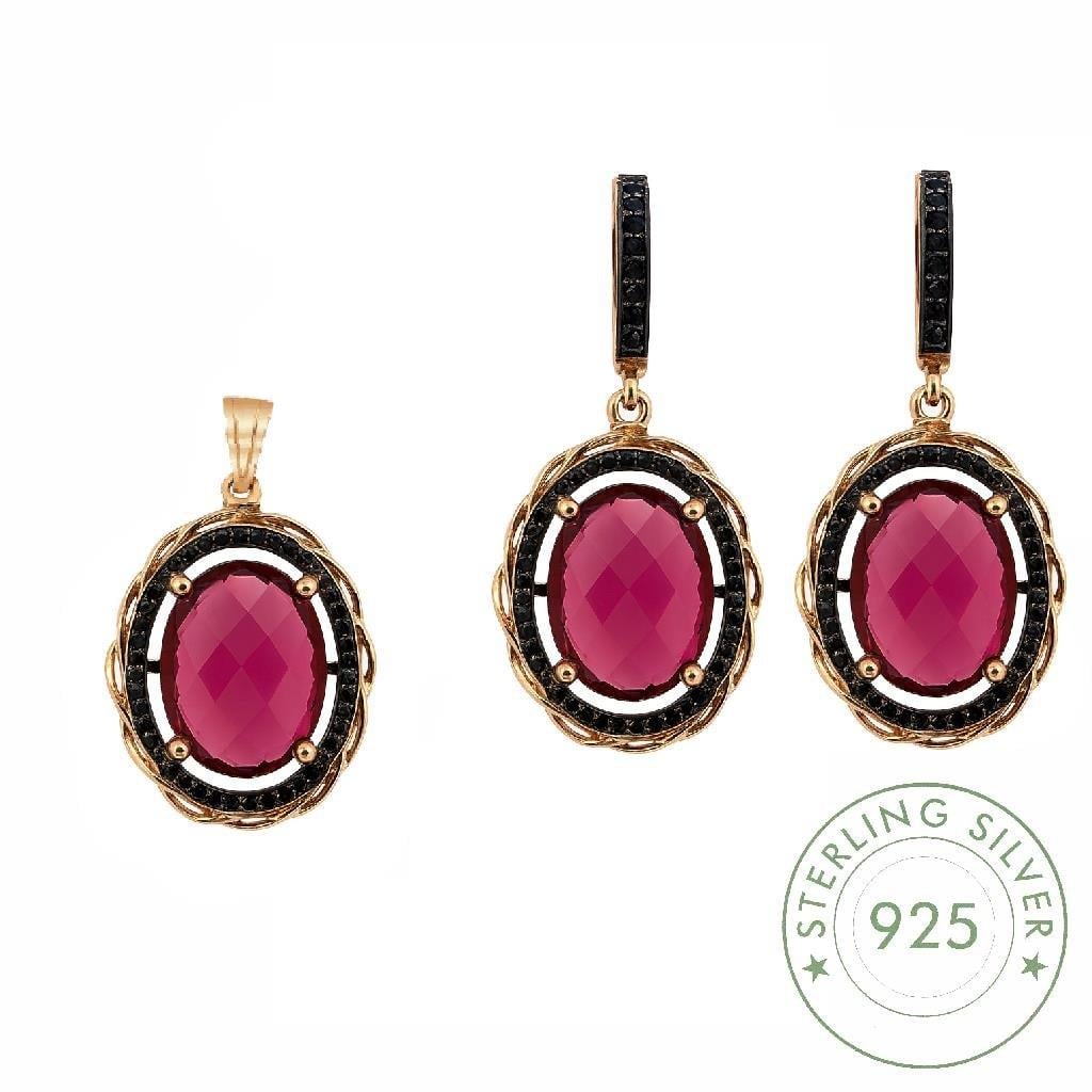 Kadın Gümüş 925 Ayar Ruby Faset Kesim Taşlı Oval Küpe ve Kolye