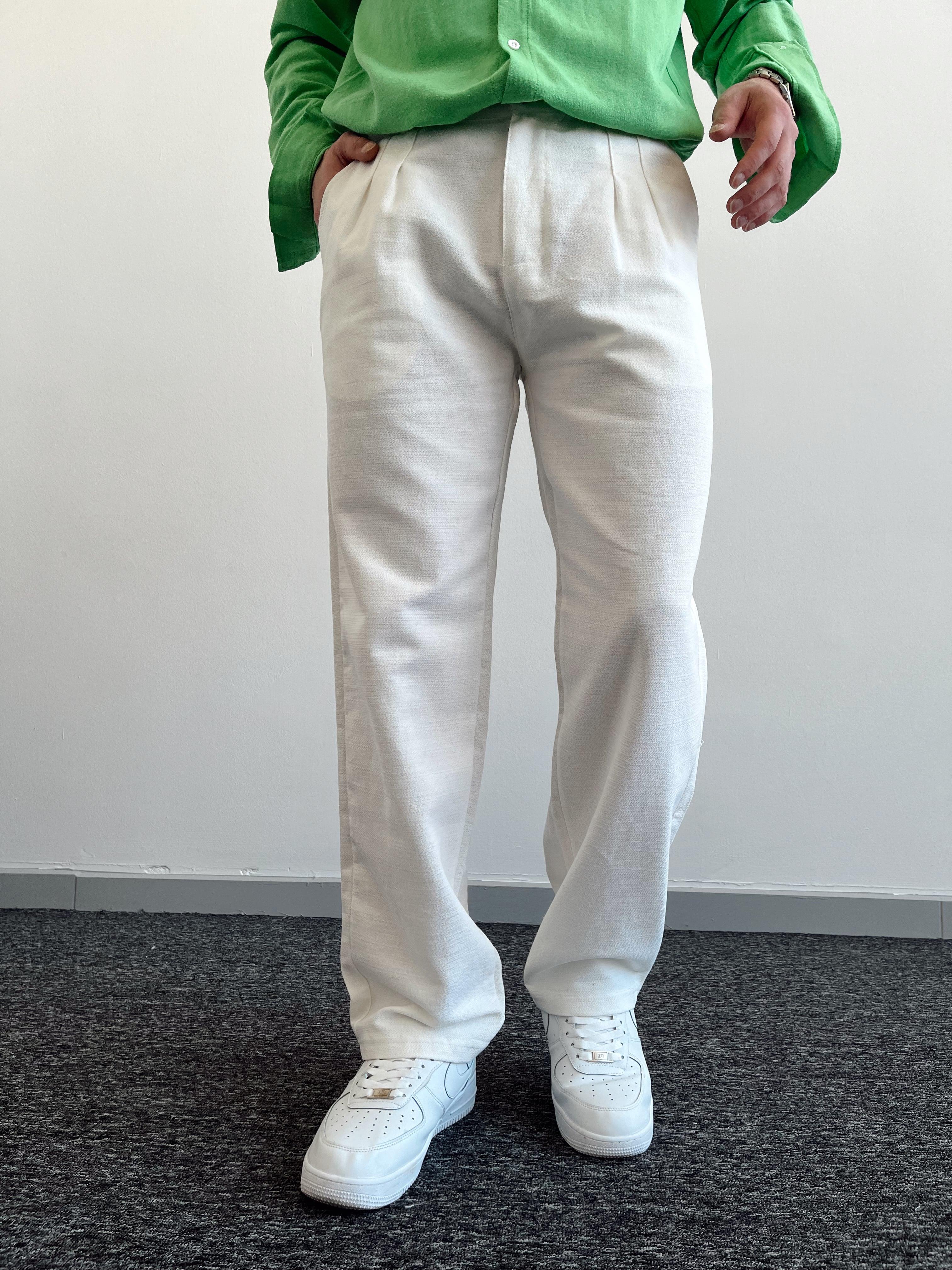 Erkek Baggy Pile Detaylı Ham Keten Pantolon-Beyaz(E1032)Ketench