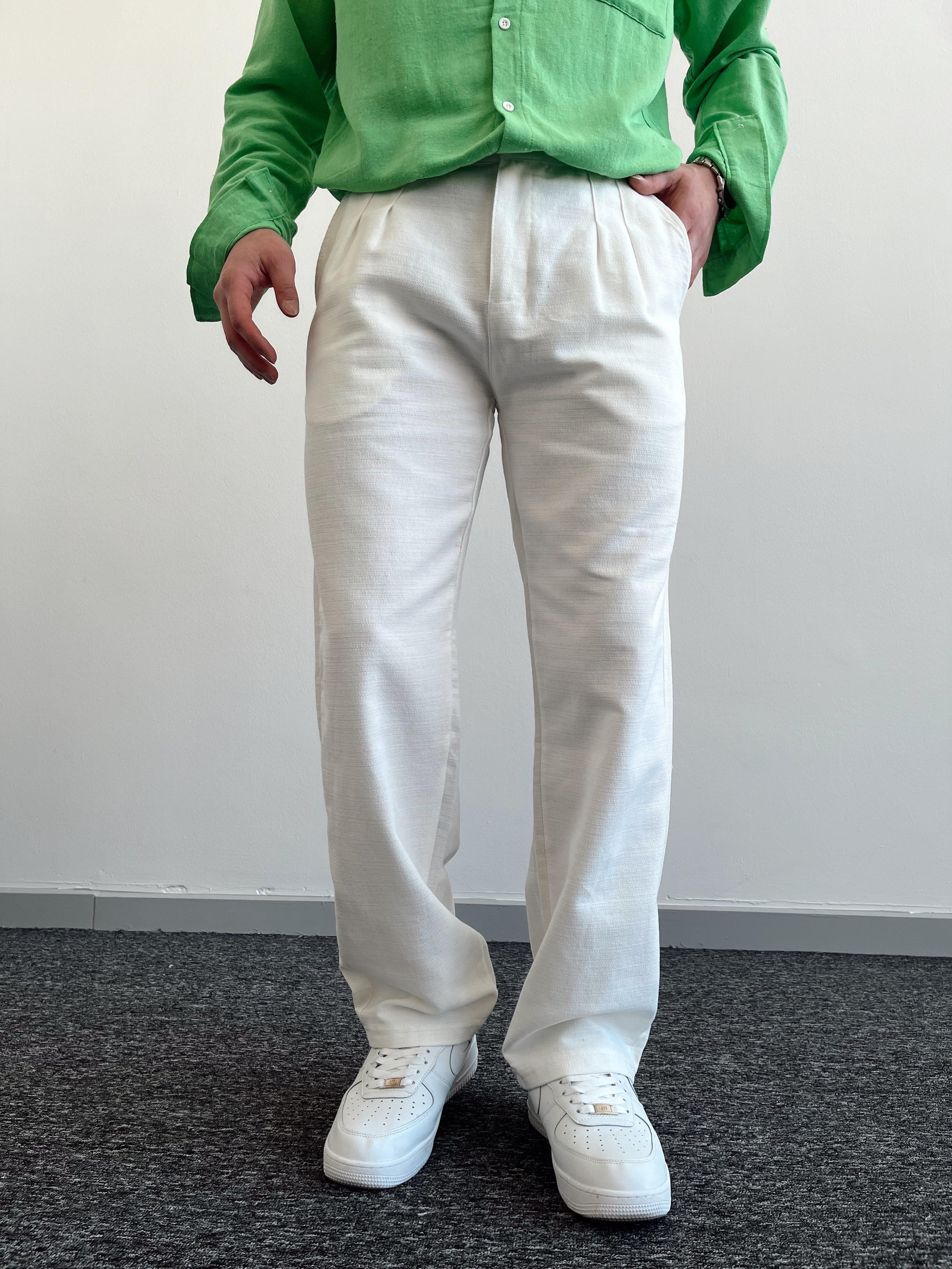 Erkek Baggy Pile Detaylı Ham Keten Pantolon-Beyaz(E1032)Ketench