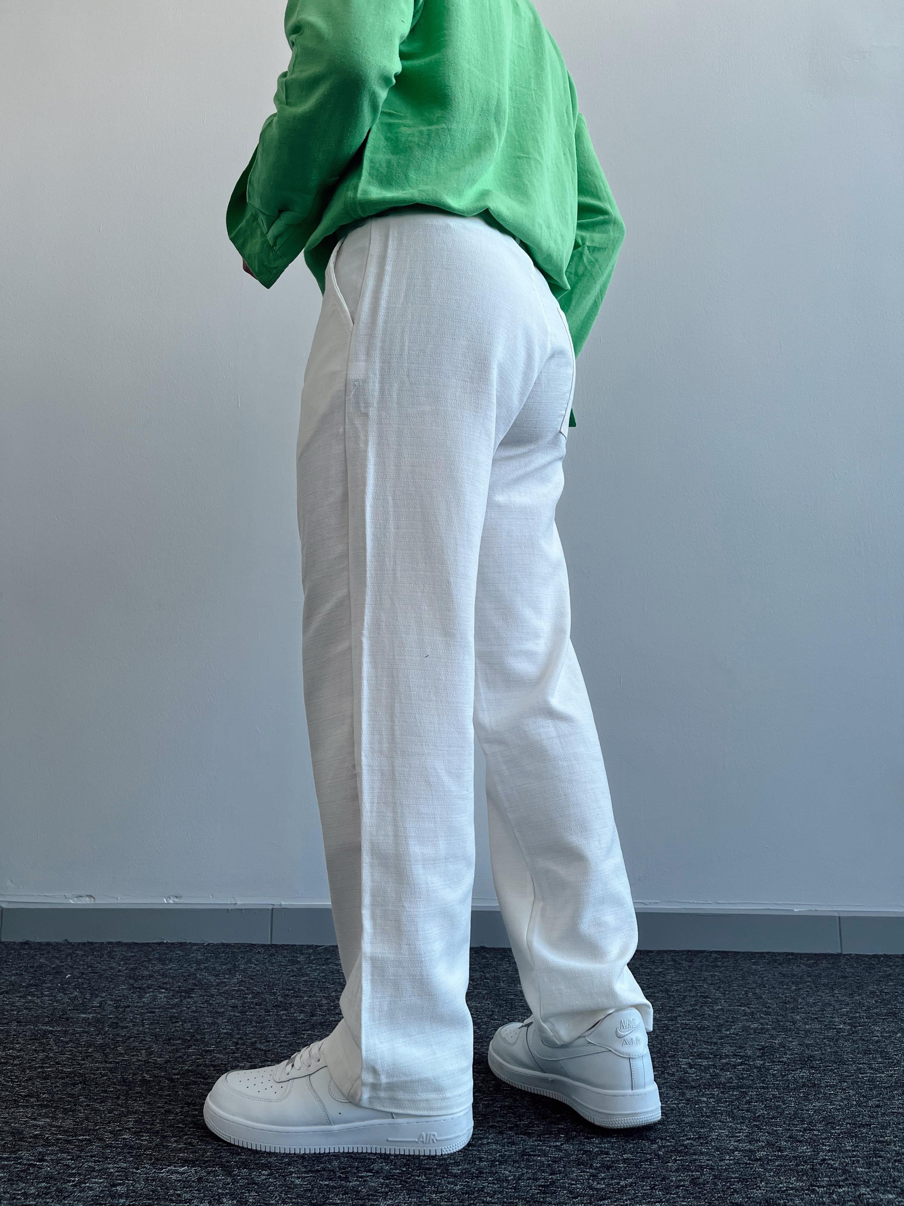 Erkek Baggy Pile Detaylı Ham Keten Pantolon-Beyaz(E1032)Ketench