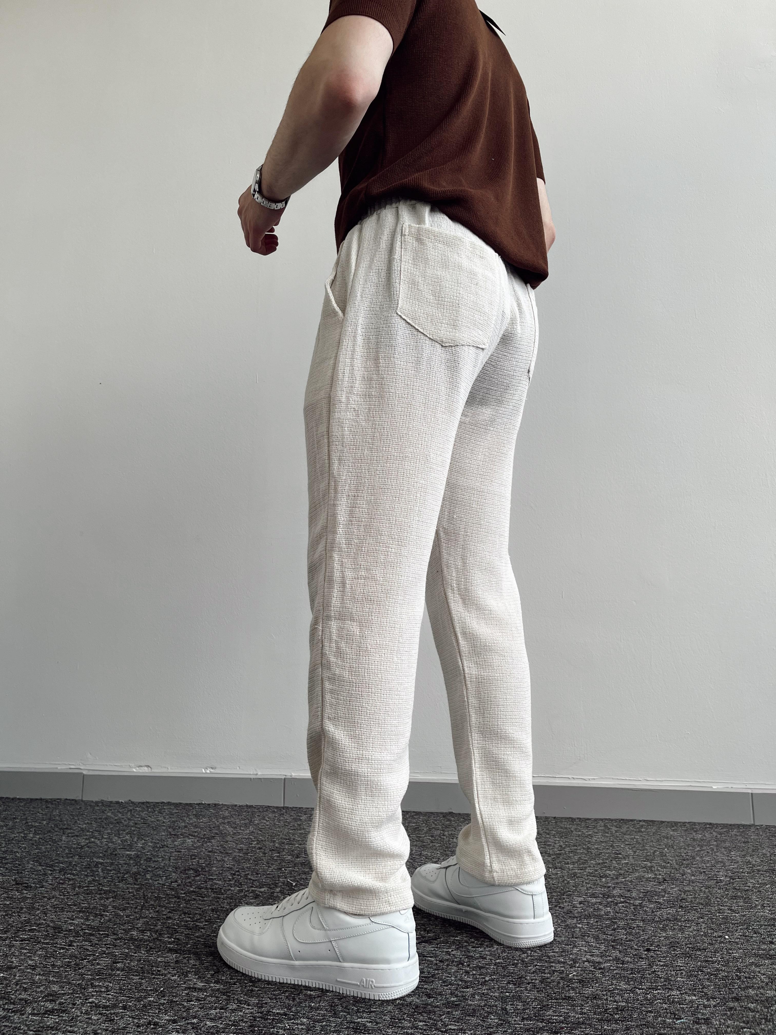 Erkek Beli Lastikli Buldan Keten Pantolon-Krem(E1059)Ketench