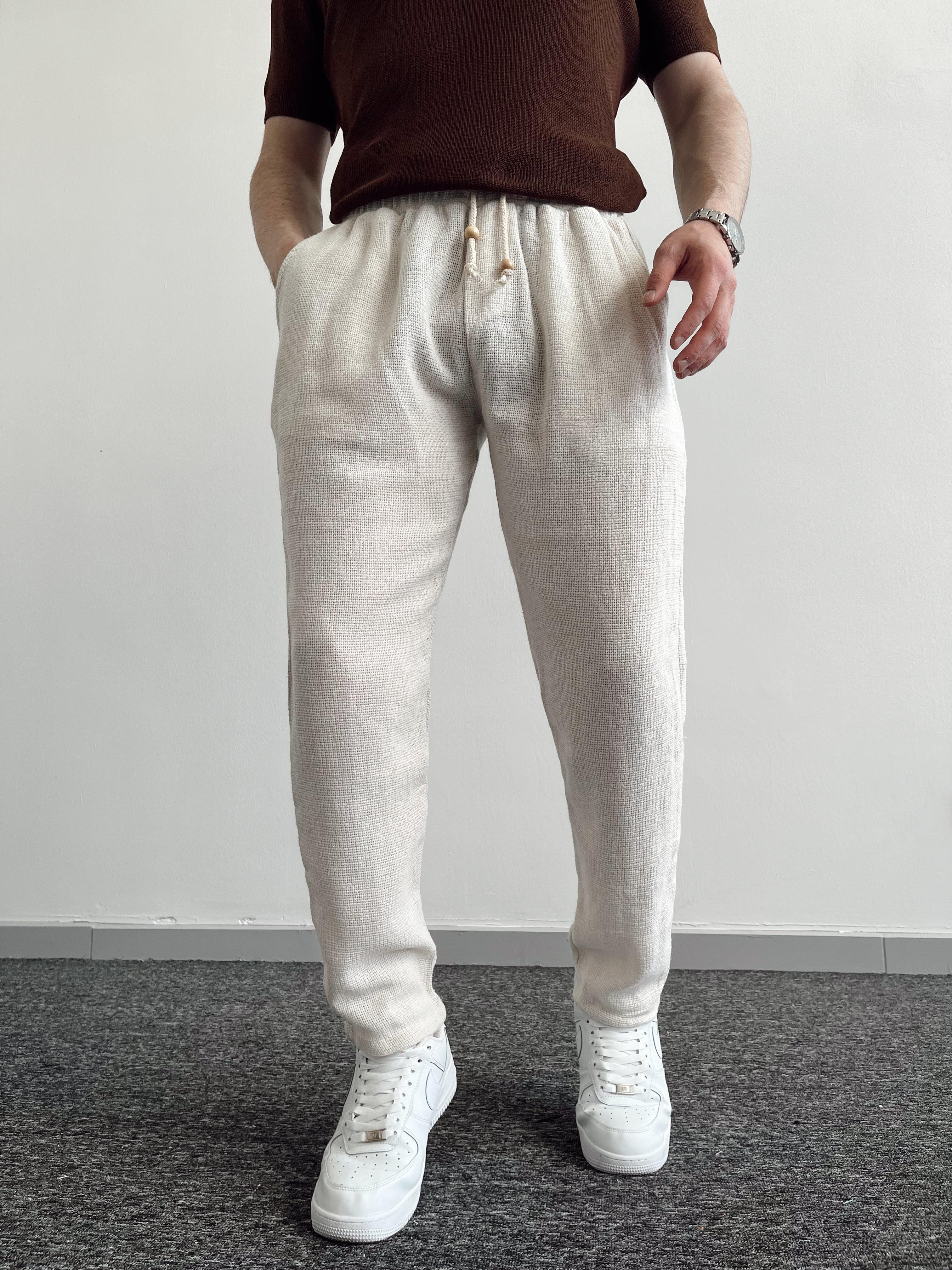 Erkek Beli Lastikli Buldan Keten Pantolon-Krem(E1059)Ketench