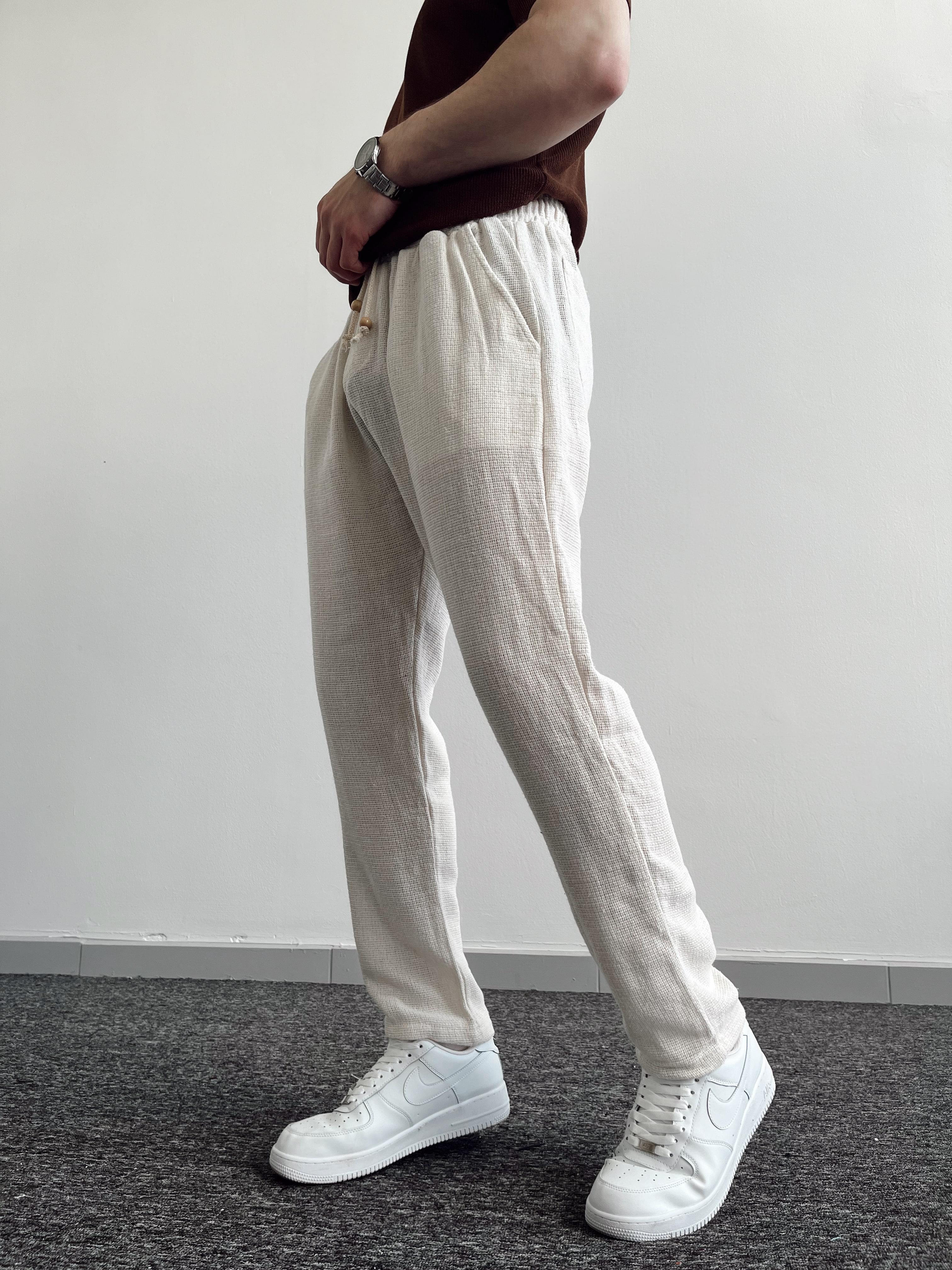 Erkek Beli Lastikli Buldan Keten Pantolon-Krem(E1059)Ketench