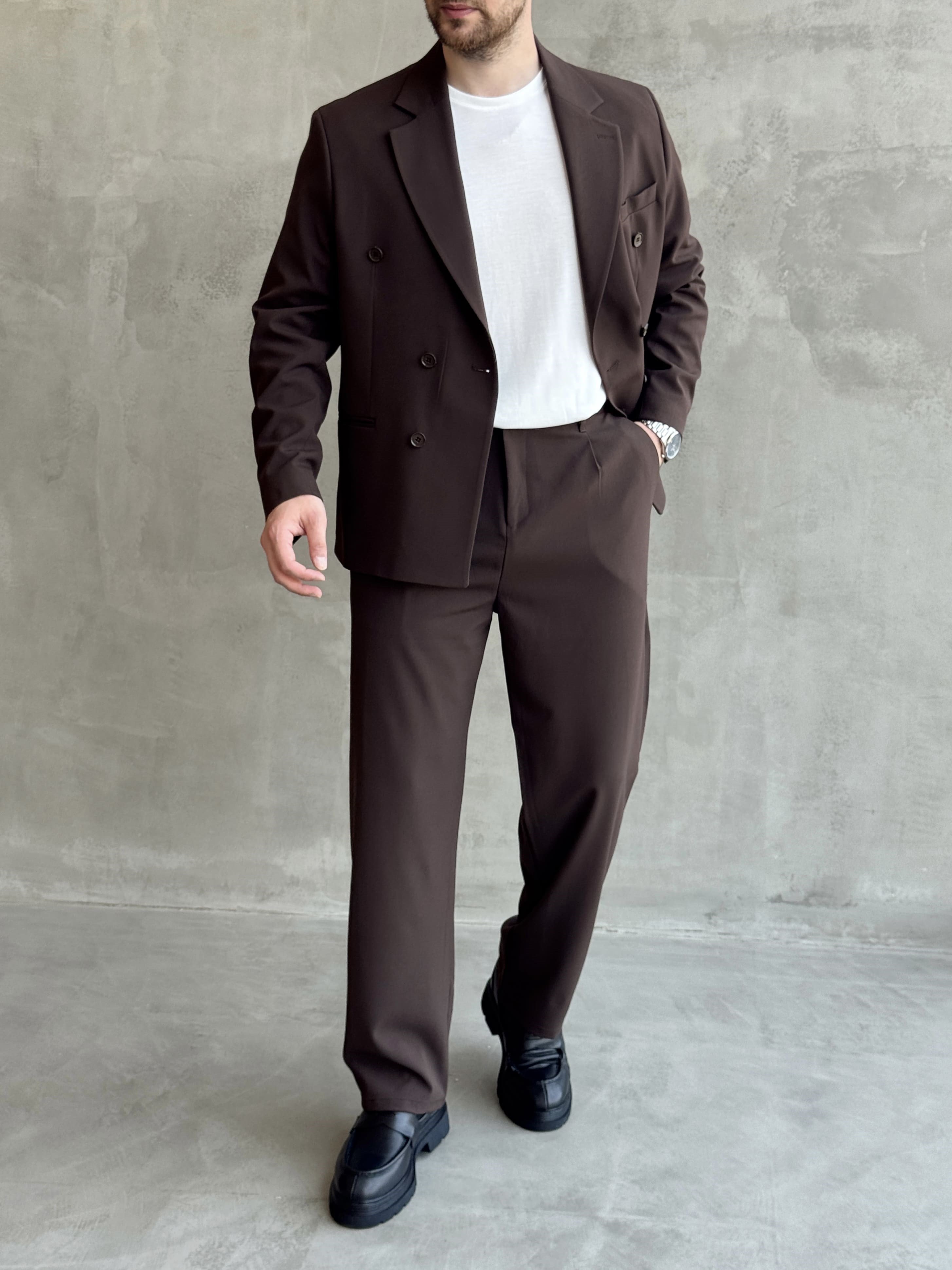Erkek Business Collection Oversize Kalıp Kruvaze Model Takım Elbise-Kahverengi(E1776)Ketench