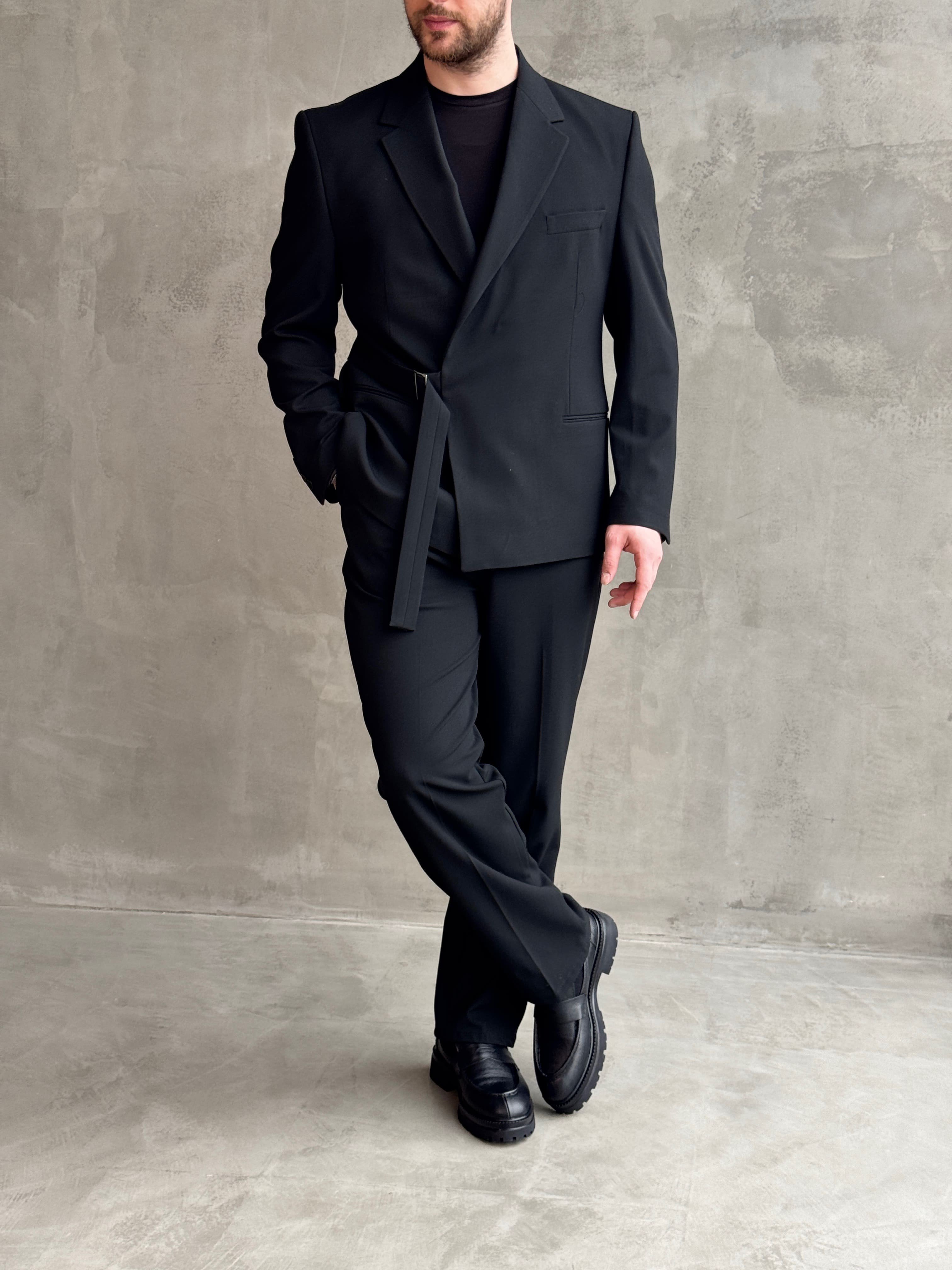 Erkek Business Collection Oversize Kalıp Kuşak Detaylı Kruvaze Model Takım Elbise-Siyah(E1896)Ketench