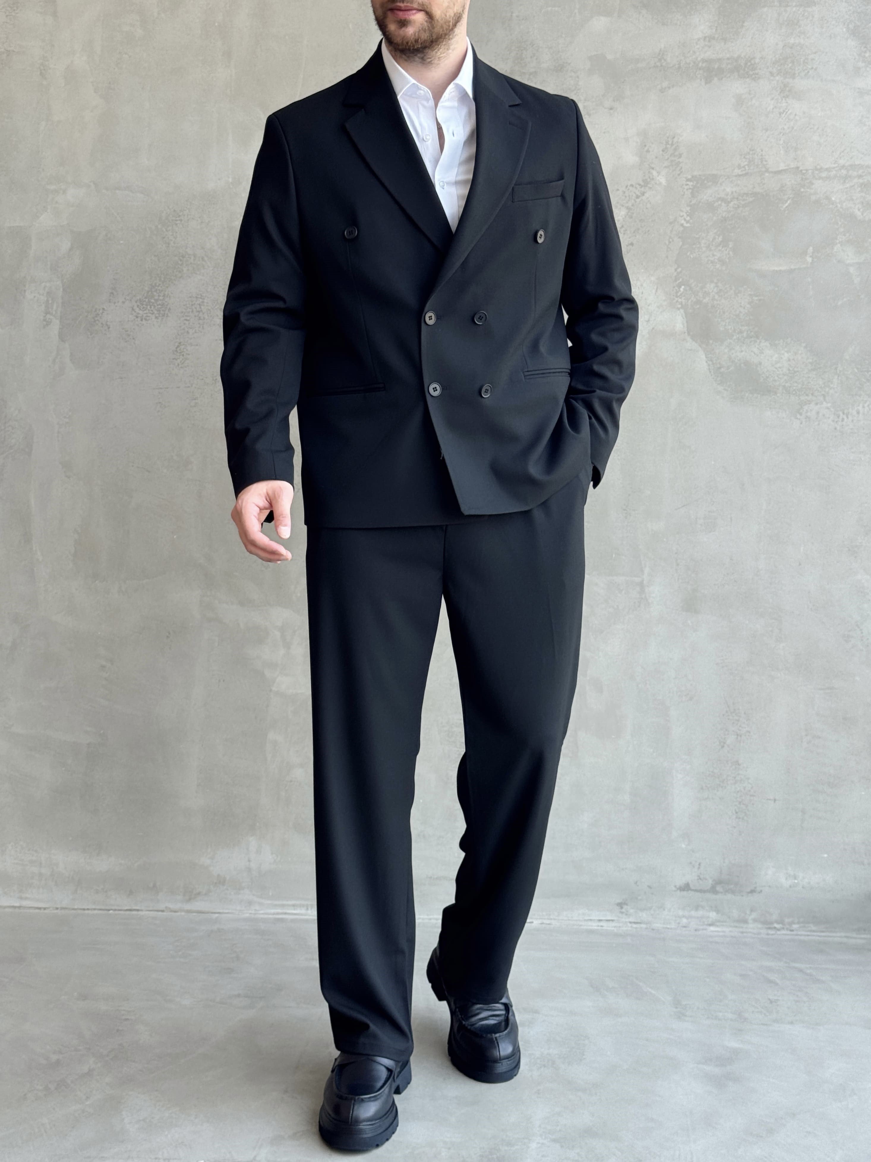 Erkek Business Collection Oversize Kalıp Kruvaze Model Takım Elbise-Siyah(E1776)Ketench