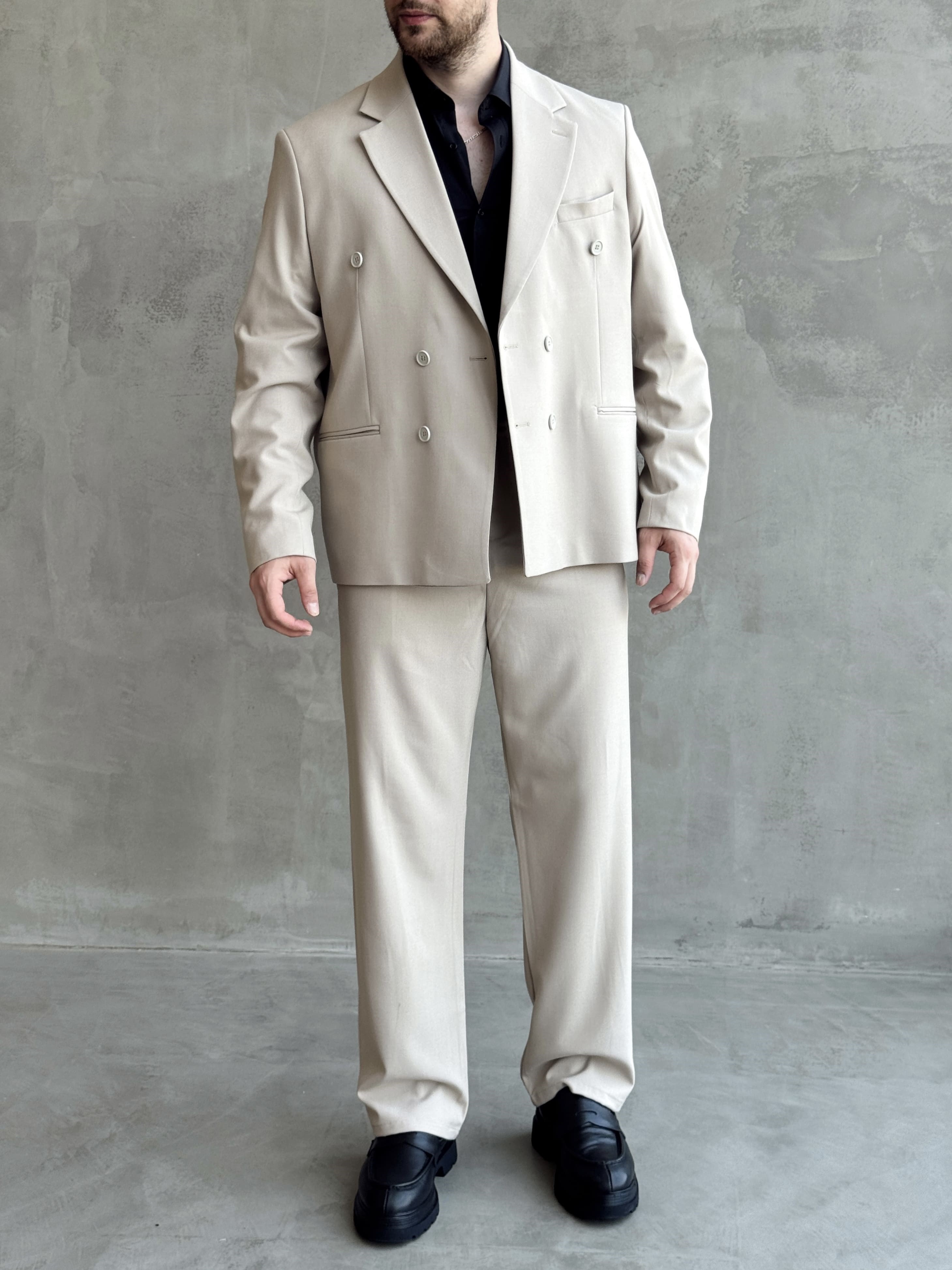 Erkek Business Collection Oversize Kalıp Kruvaze Model Takım Elbise-Bej(E1776)Ketench