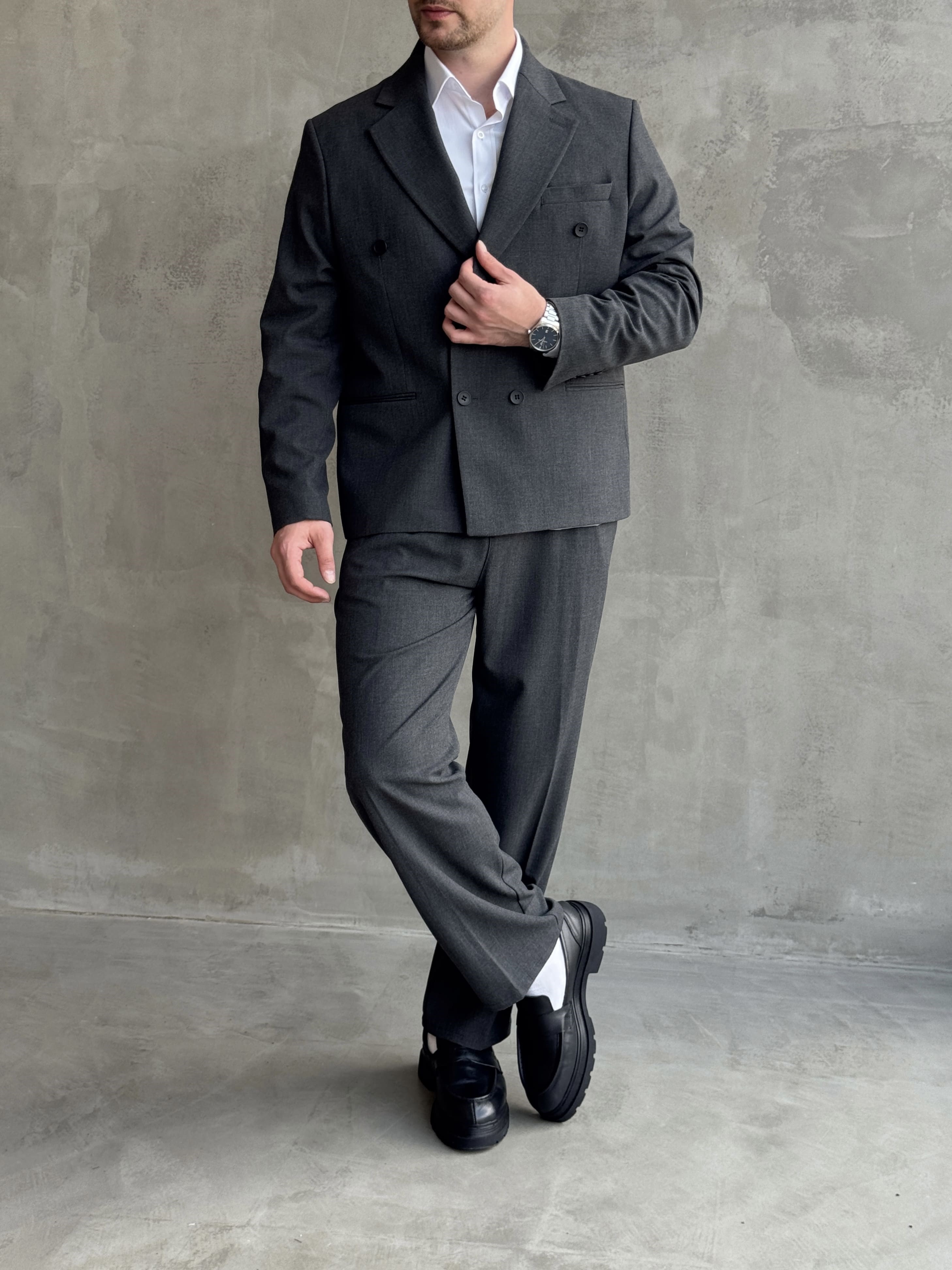 Erkek Business Collection Oversize Kalıp Kruvaze Model Takım Elbise-Füme(E1776)Ketench
