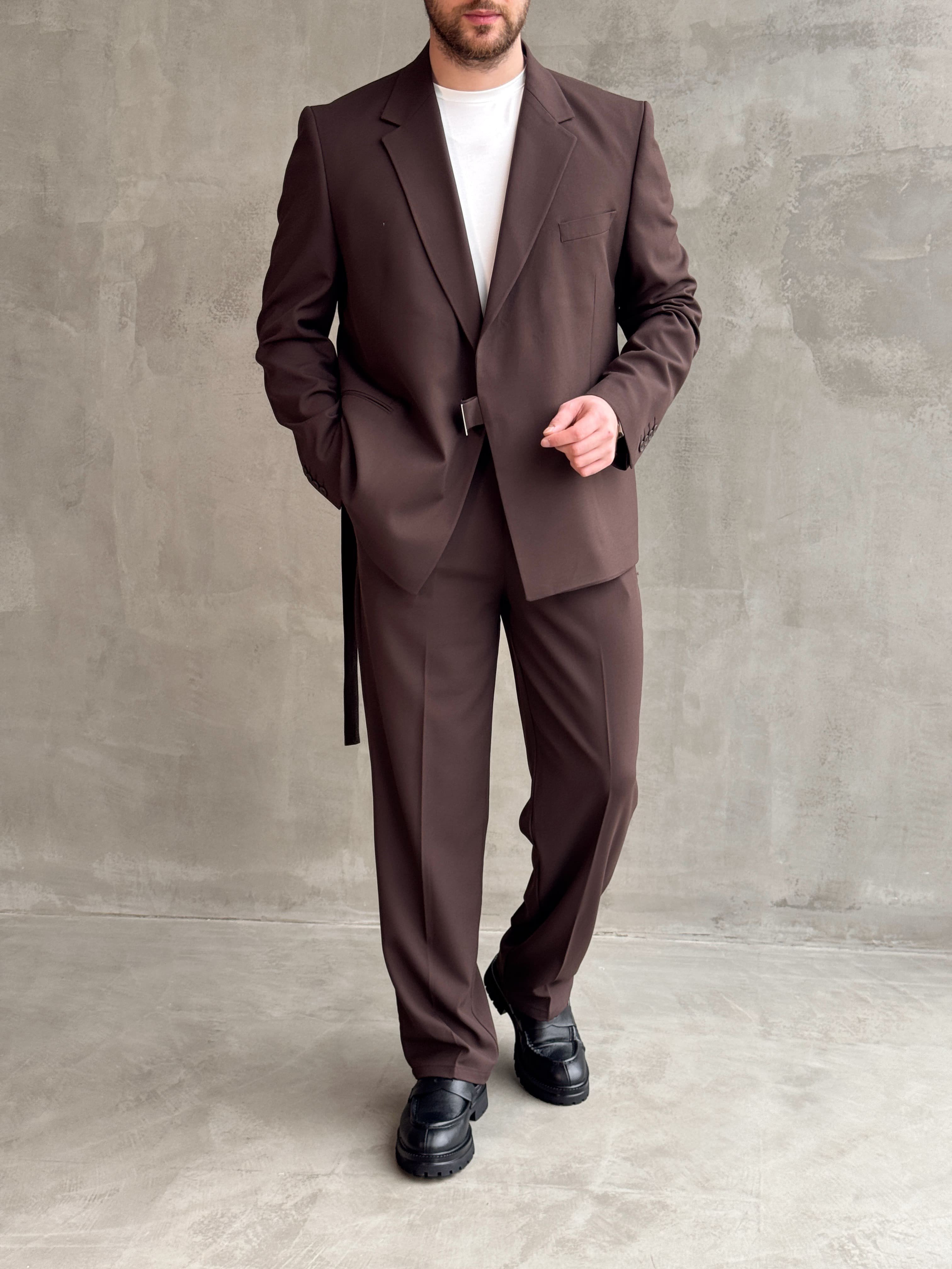 Erkek Business Collection Oversize Kalıp Kuşak Detaylı Kruvaze Model Takım Elbise-Kahverengi(E1896)Ketench