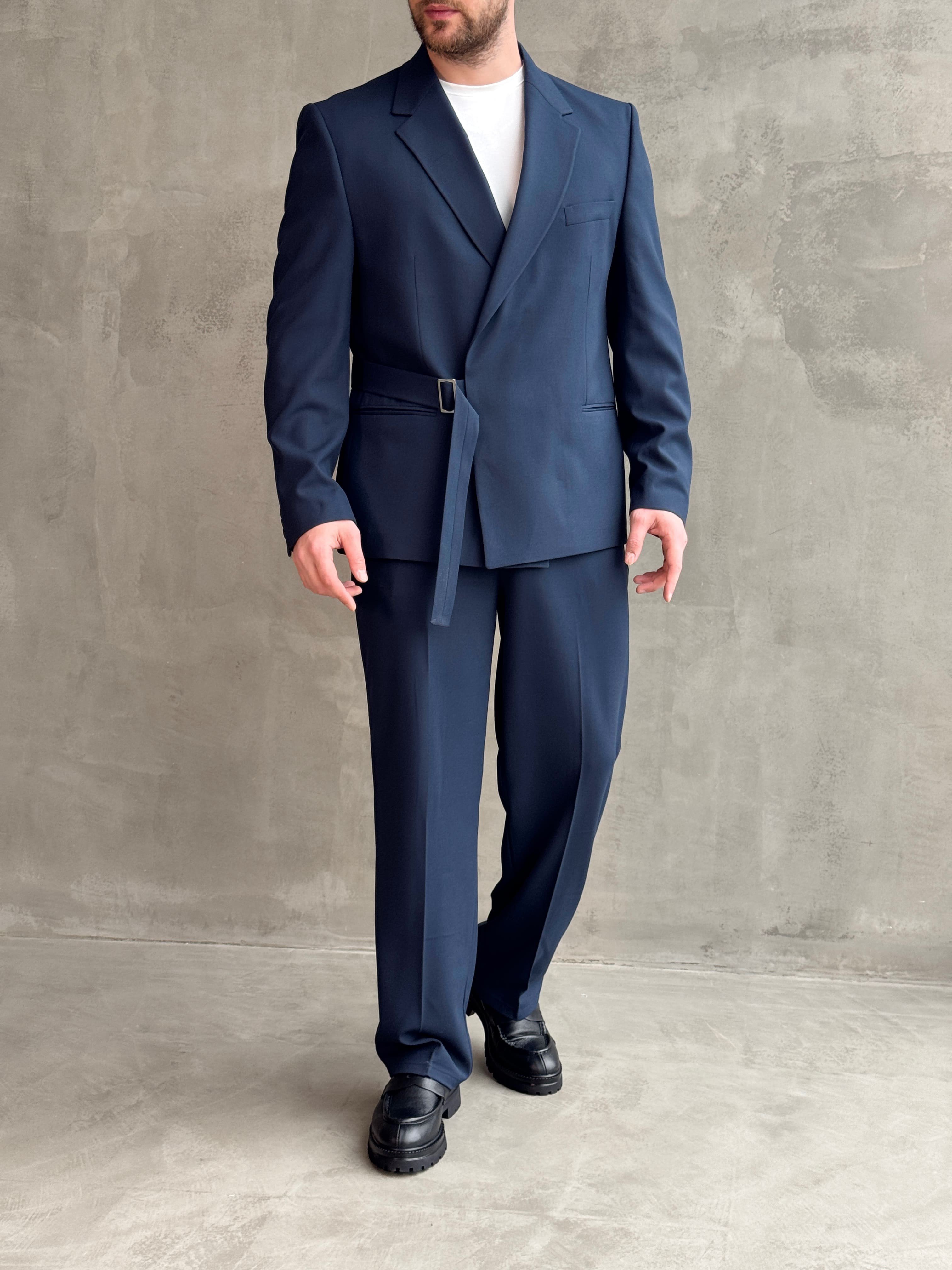 Erkek Business Collection Oversize Kalıp Kuşak Detaylı Kruvaze Model Takım Elbise-Lacivert(E1896)Ketench