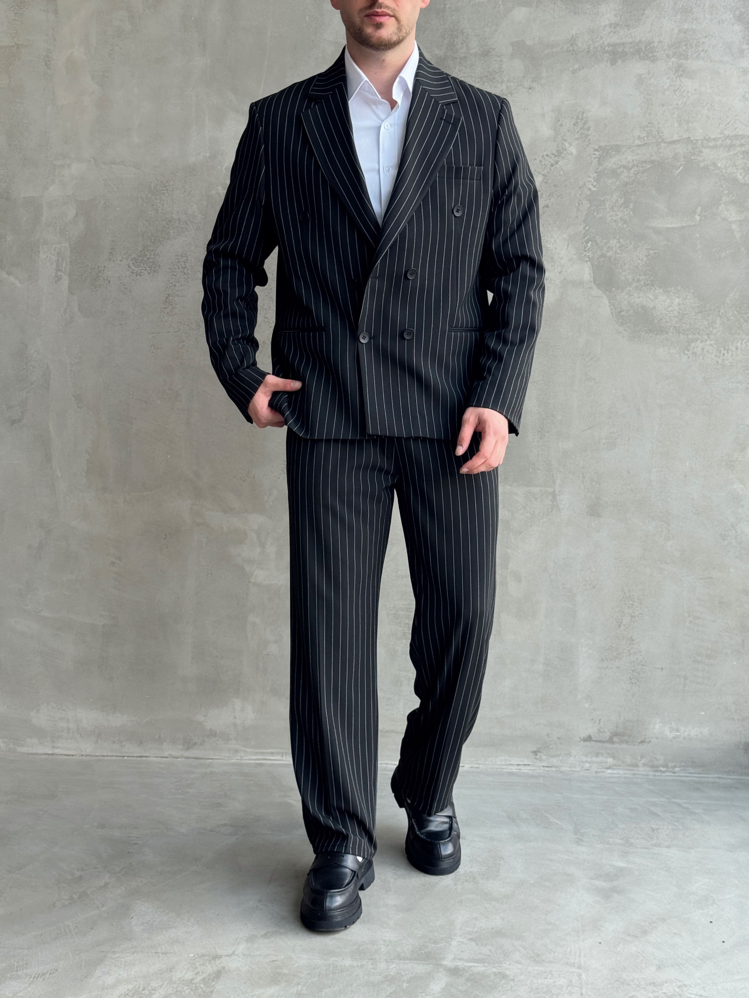 Erkek Business Collection Oversize Kalıp Kruvaze Model Çizgili Takım Elbise-Siyah(E1787)Ketench