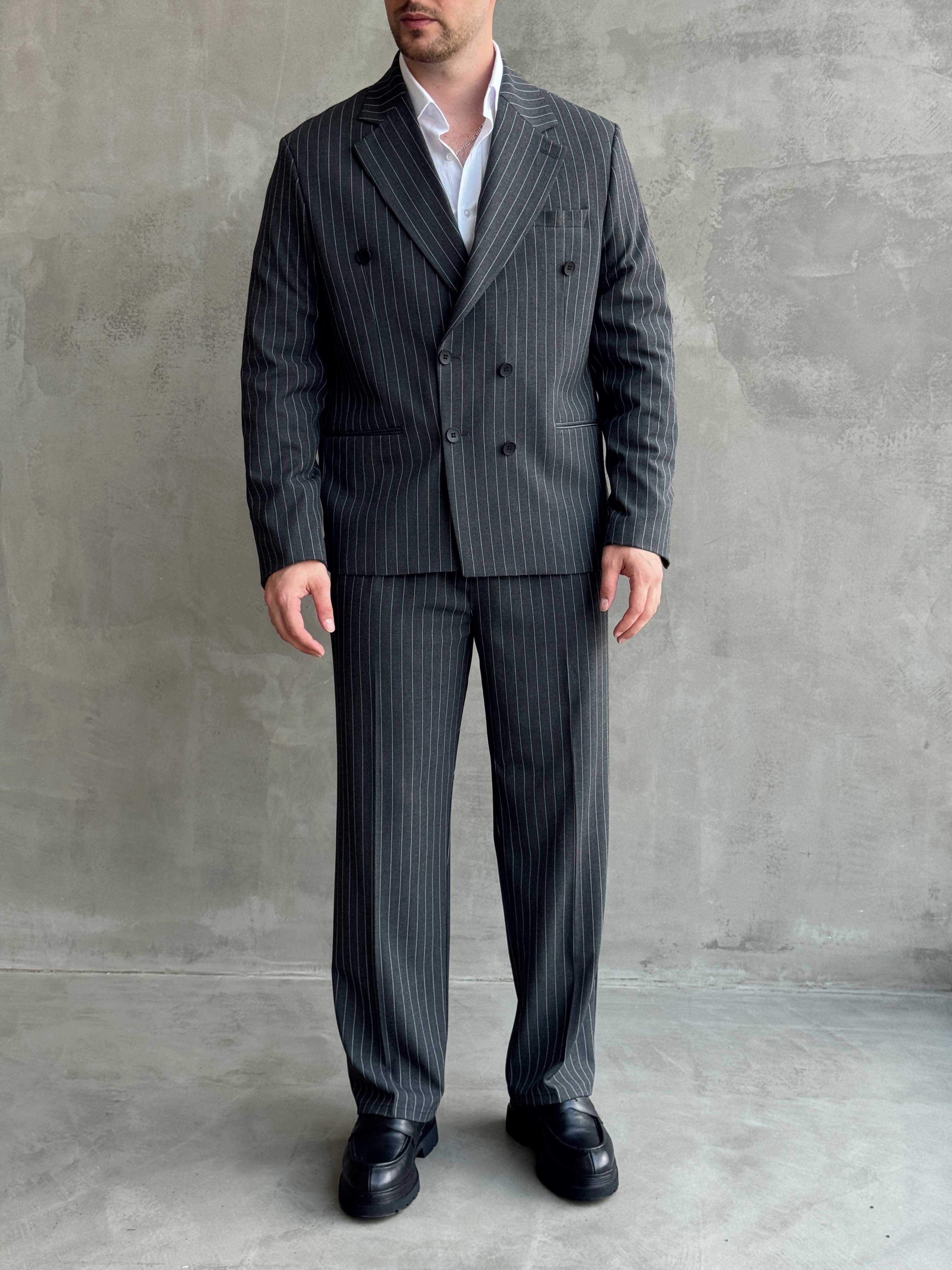 Erkek Business Collection Oversize Kalıp Kruvaze Model Çizgili Takım Elbise-Füme(E1787)Ketench