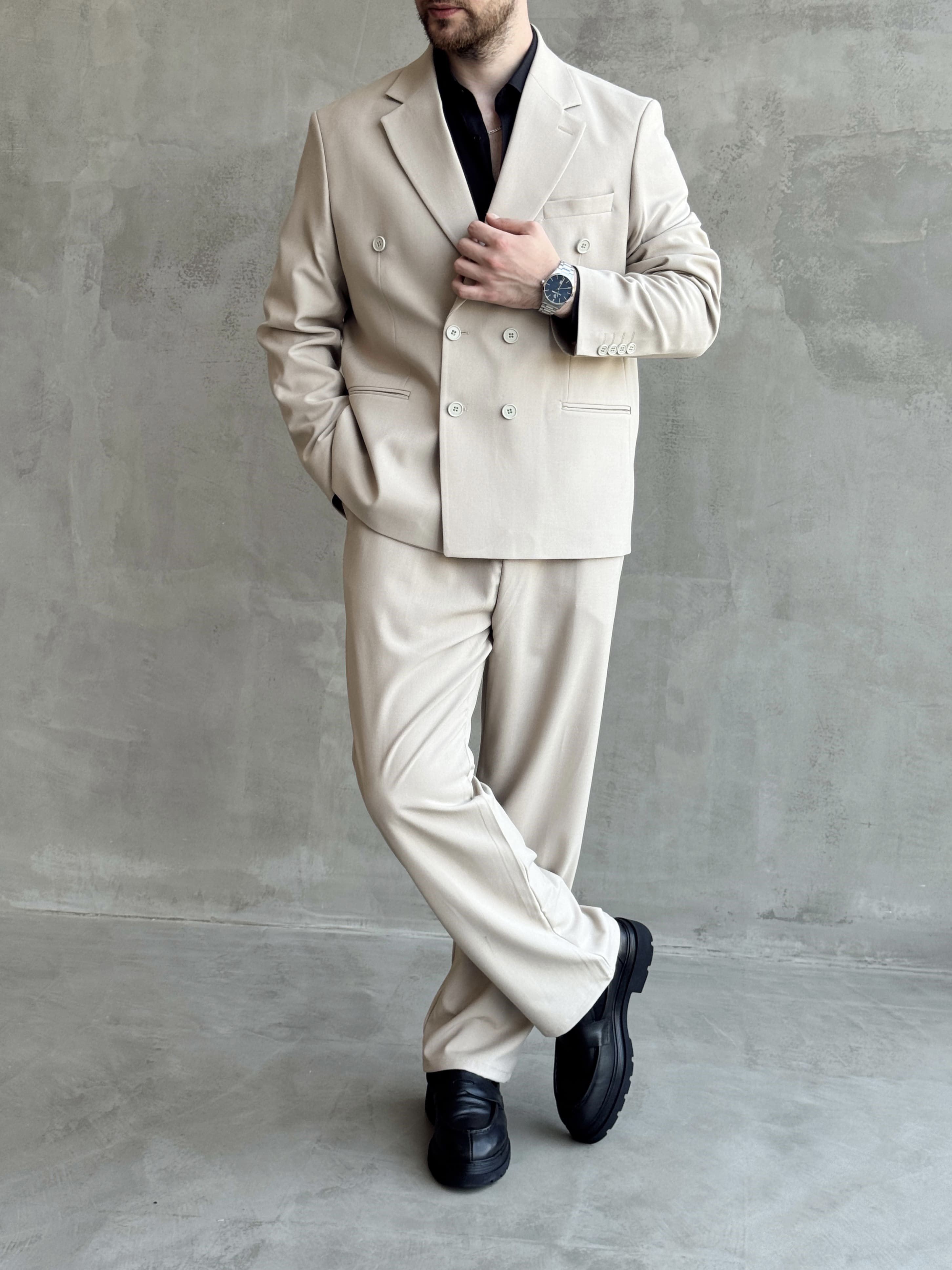Erkek Business Collection Oversize Kalıp Kruvaze Model Takım Elbise-Bej(E1776)Ketench