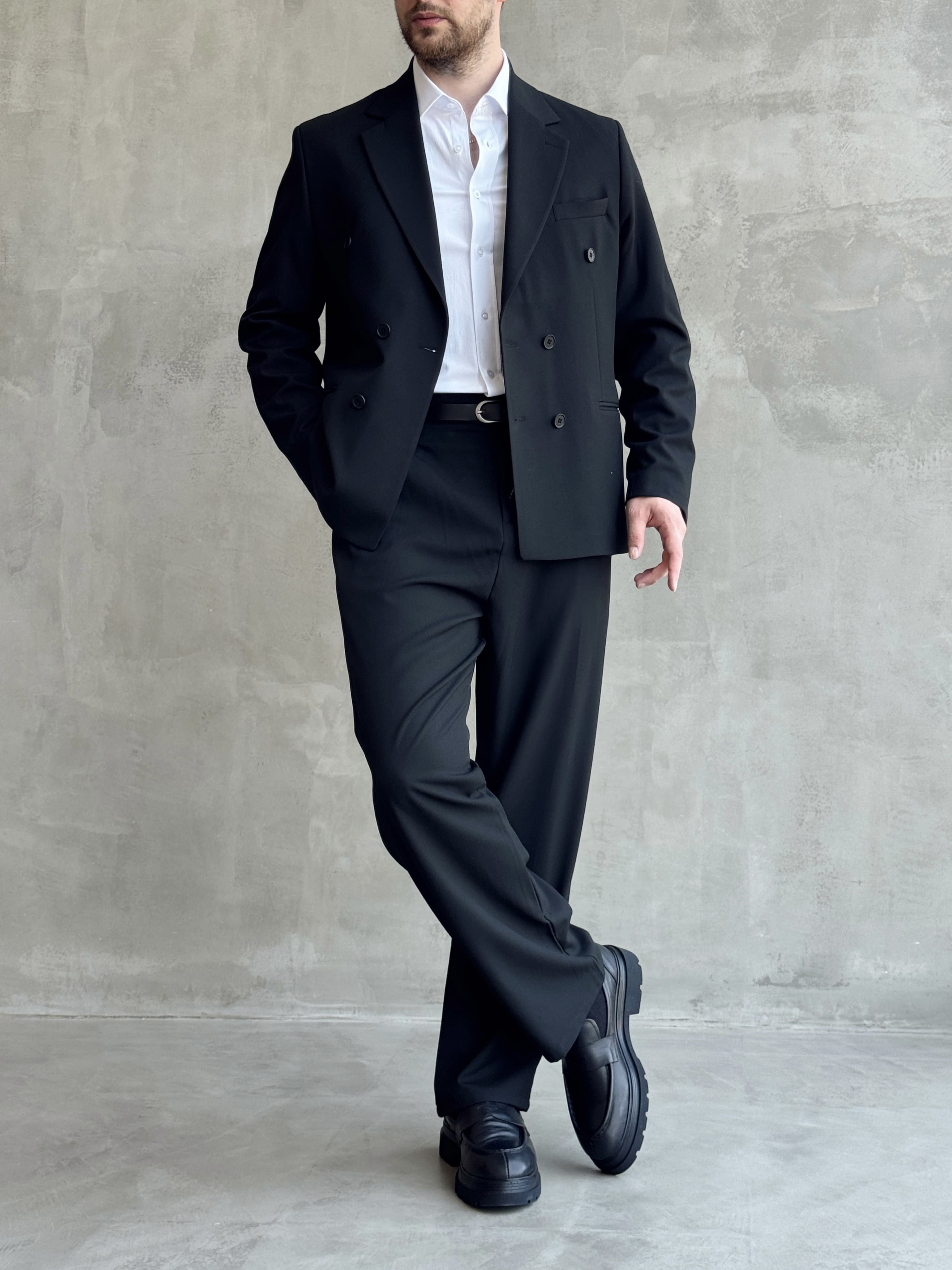 Erkek Business Collection Oversize Kalıp Kruvaze Model Takım Elbise-Siyah(E1776)Ketench