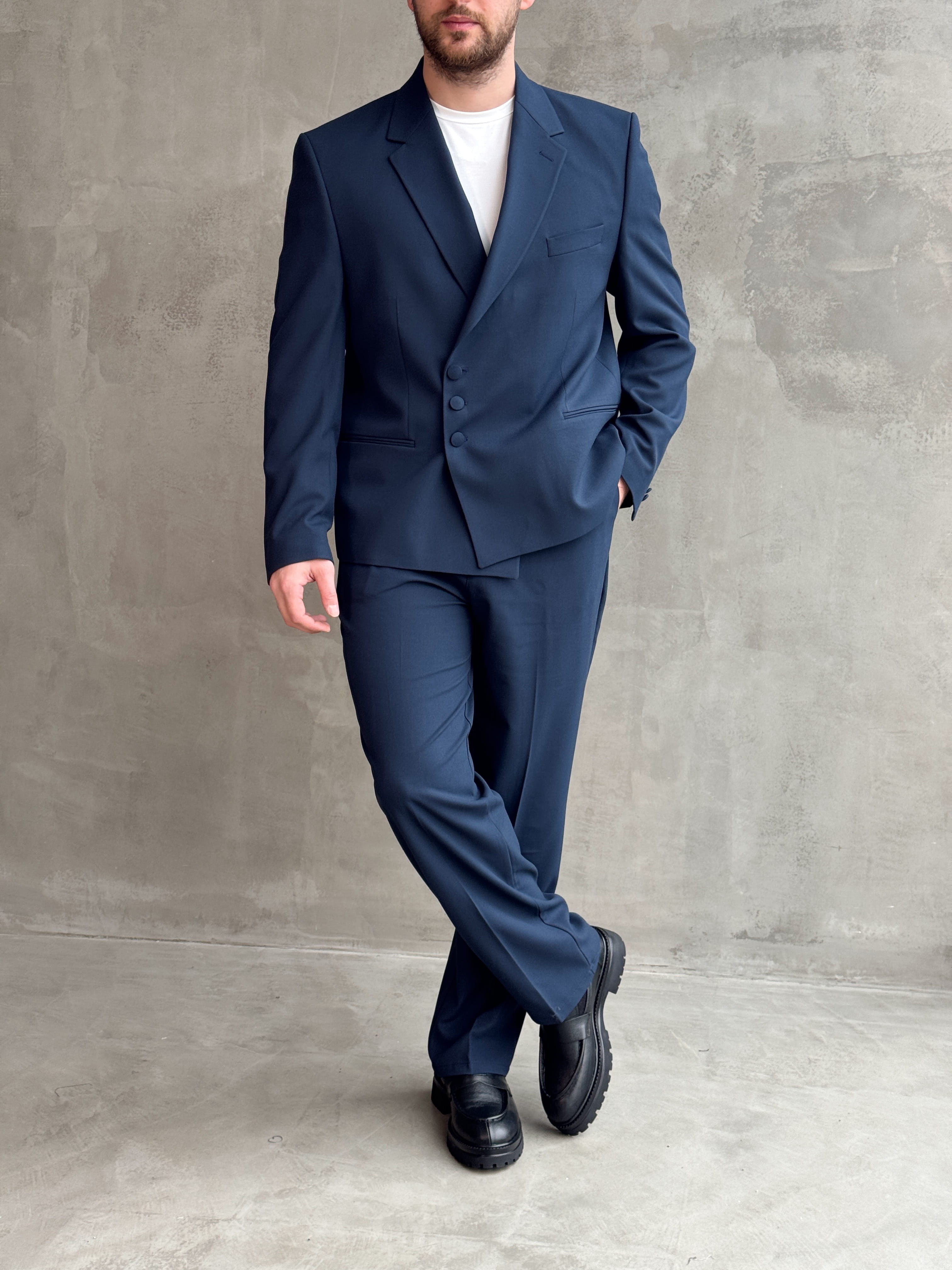 Erkek Business Collection Oversize Kalıp Düğme Detaylı Kruvaze Model Takım Elbise-Lacivert(E1897)Ketench