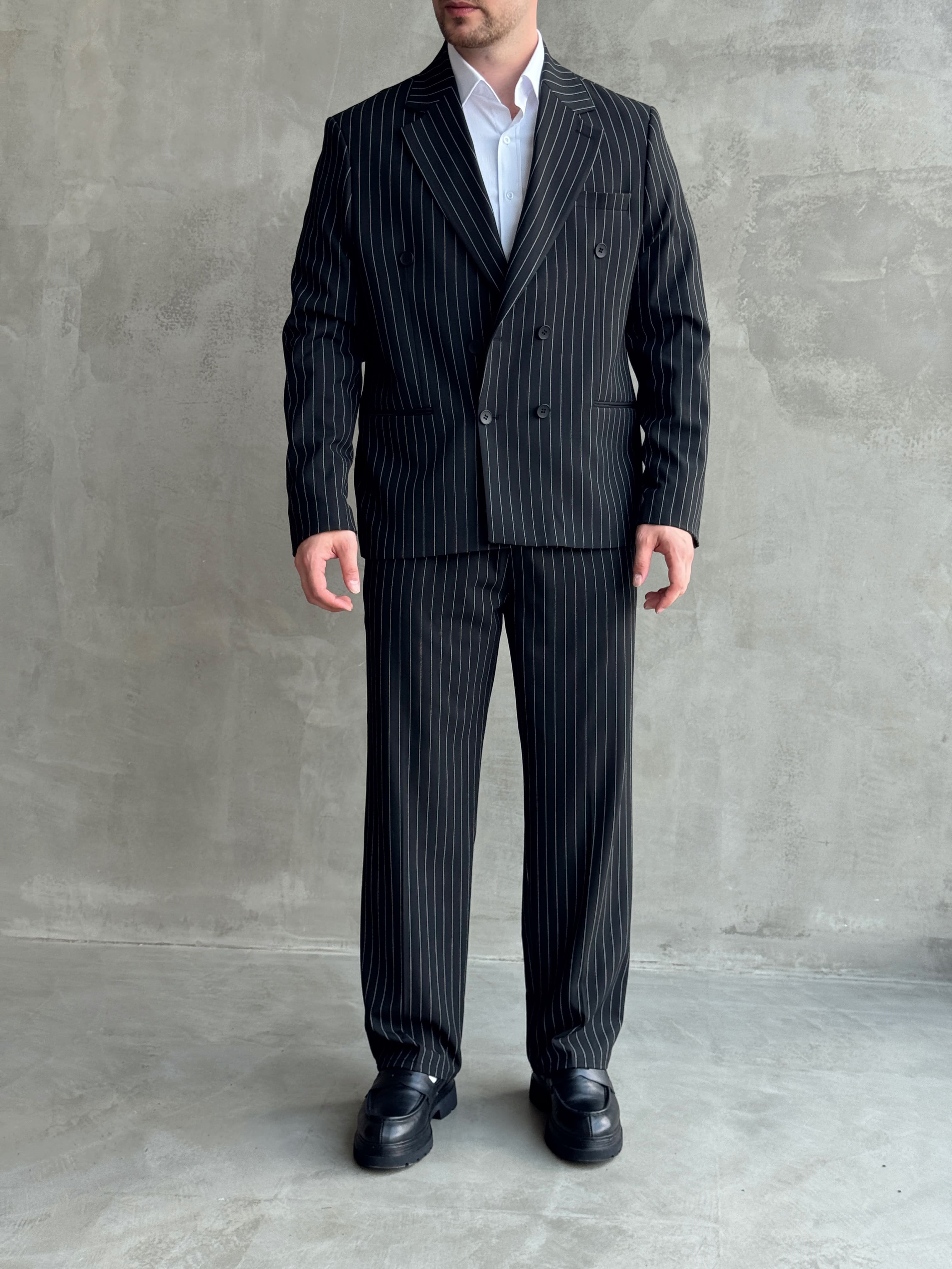 Erkek Business Collection Oversize Kalıp Kruvaze Model Çizgili Takım Elbise-Siyah(E1787)Ketench
