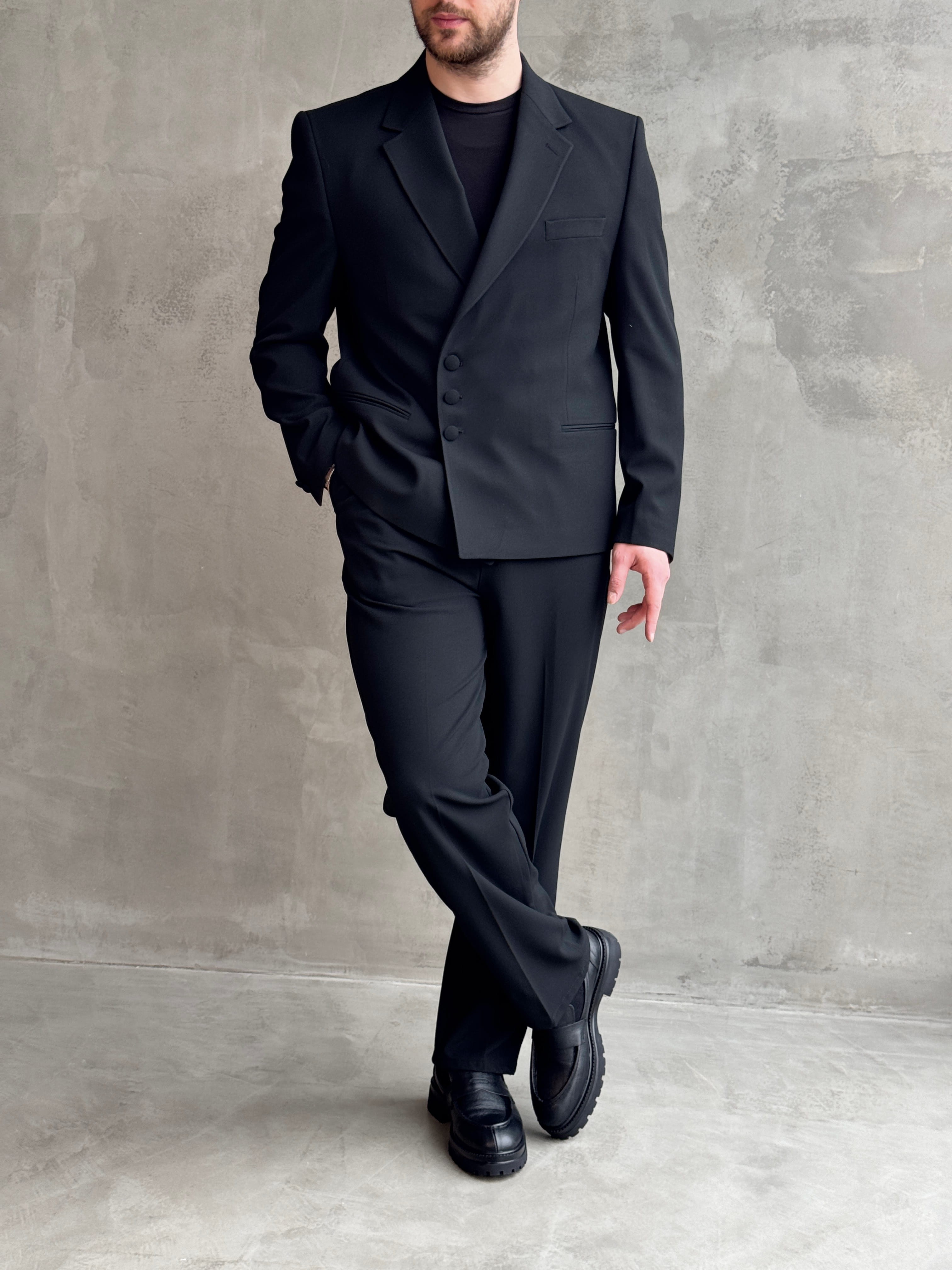 Erkek Business Collection Oversize Kalıp Düğme Detaylı Kruvaze Model Takım Elbise-Siyah(E1897)Ketench