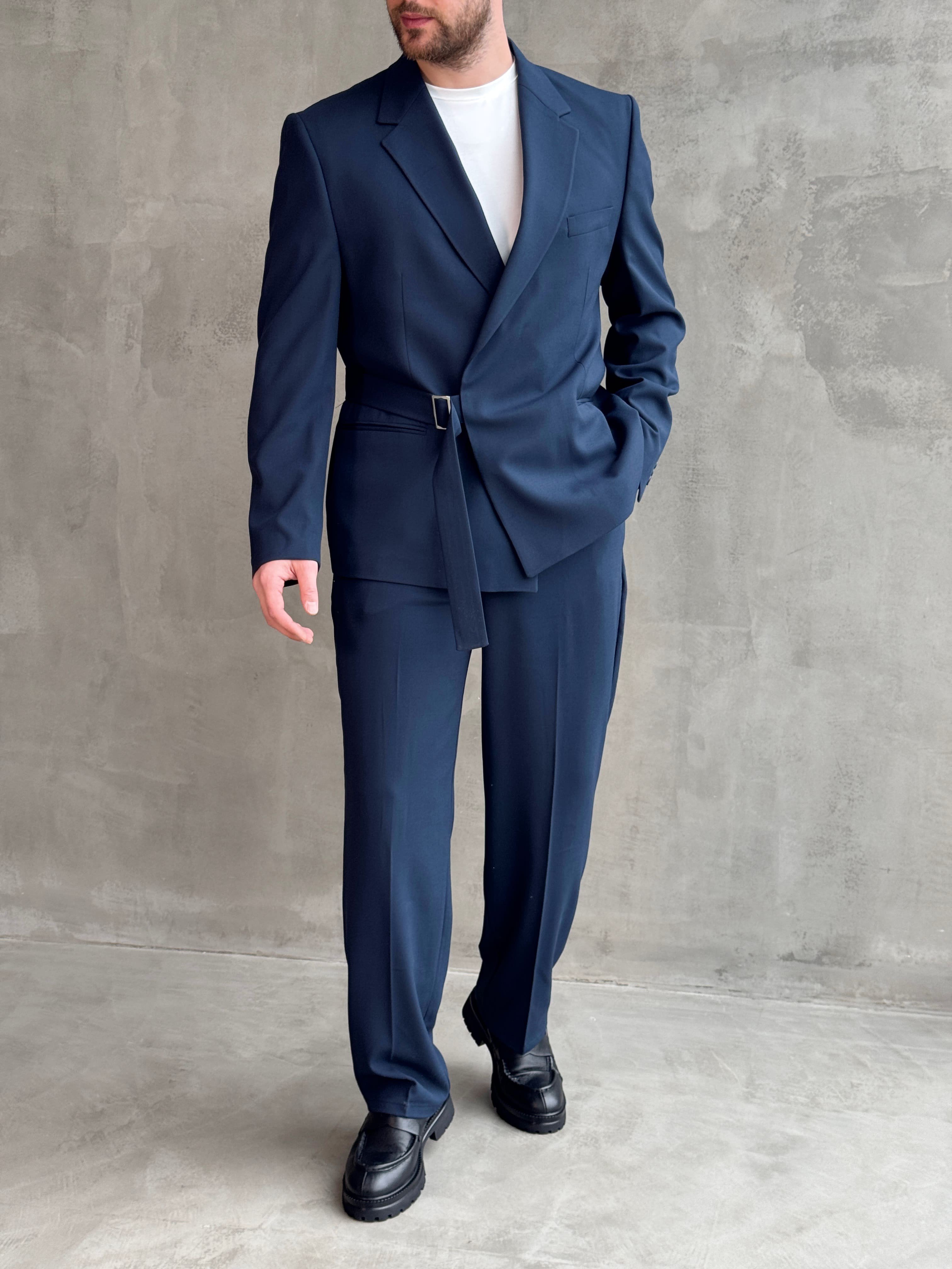 Erkek Business Collection Oversize Kalıp Kuşak Detaylı Kruvaze Model Takım Elbise-Lacivert(E1896)Ketench