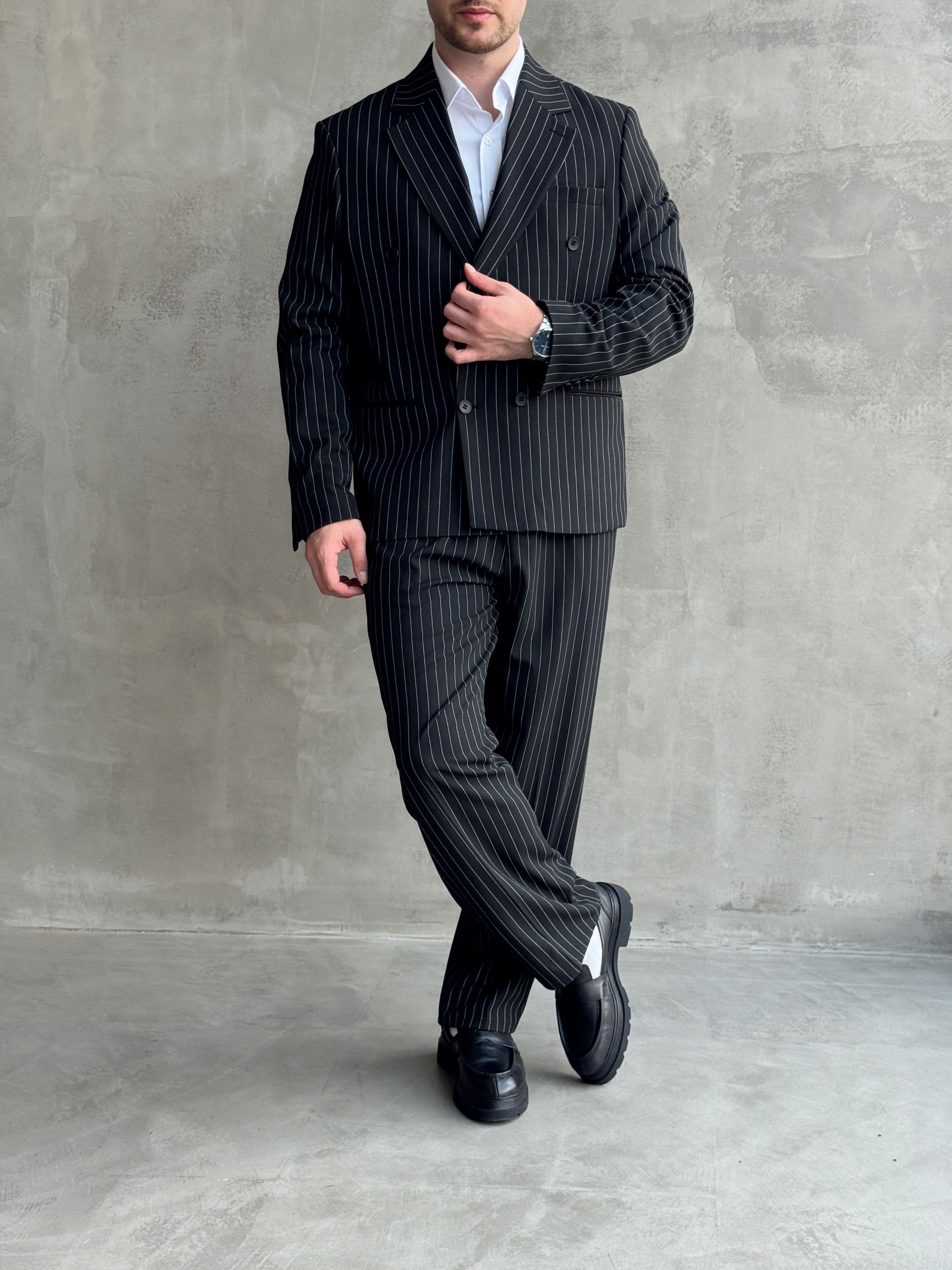 Erkek Business Collection Oversize Kalıp Kruvaze Model Çizgili Takım Elbise-Siyah(E1787)Ketench
