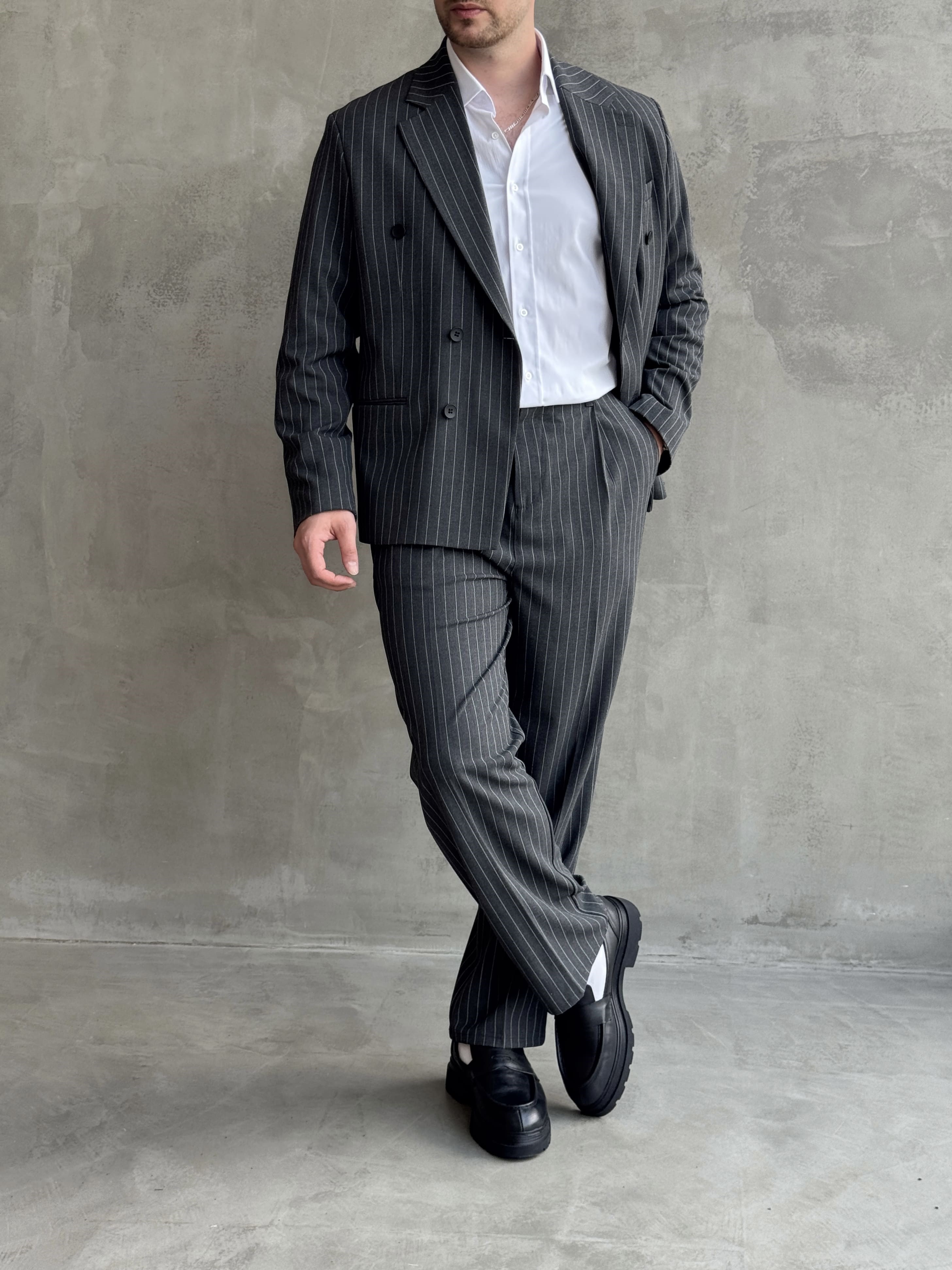 Erkek Business Collection Oversize Kalıp Kruvaze Model Çizgili Takım Elbise-Füme(E1787)Ketench