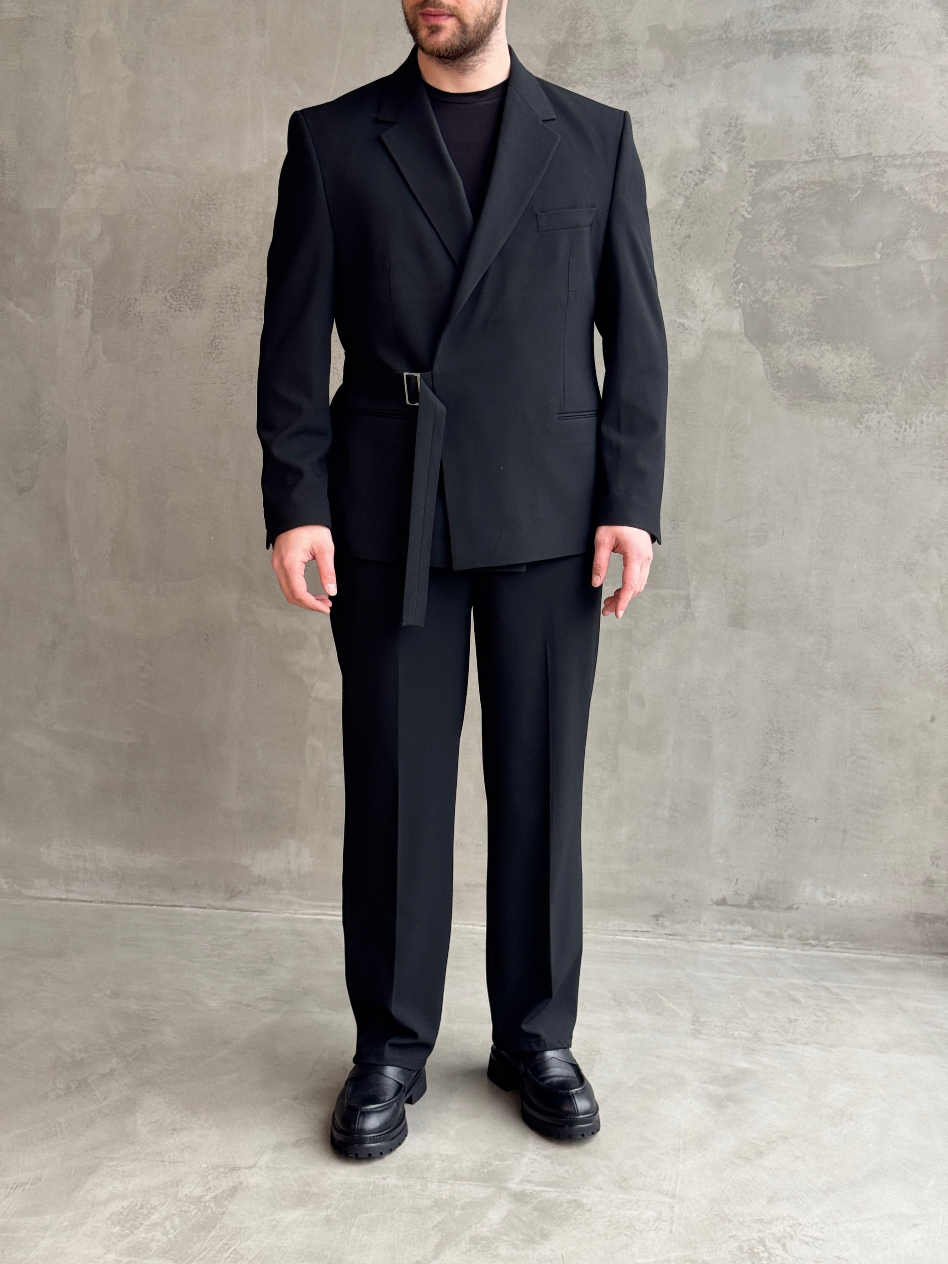 Erkek Business Collection Oversize Kalıp Kuşak Detaylı Kruvaze Model Takım Elbise-Siyah(E1896)Ketench