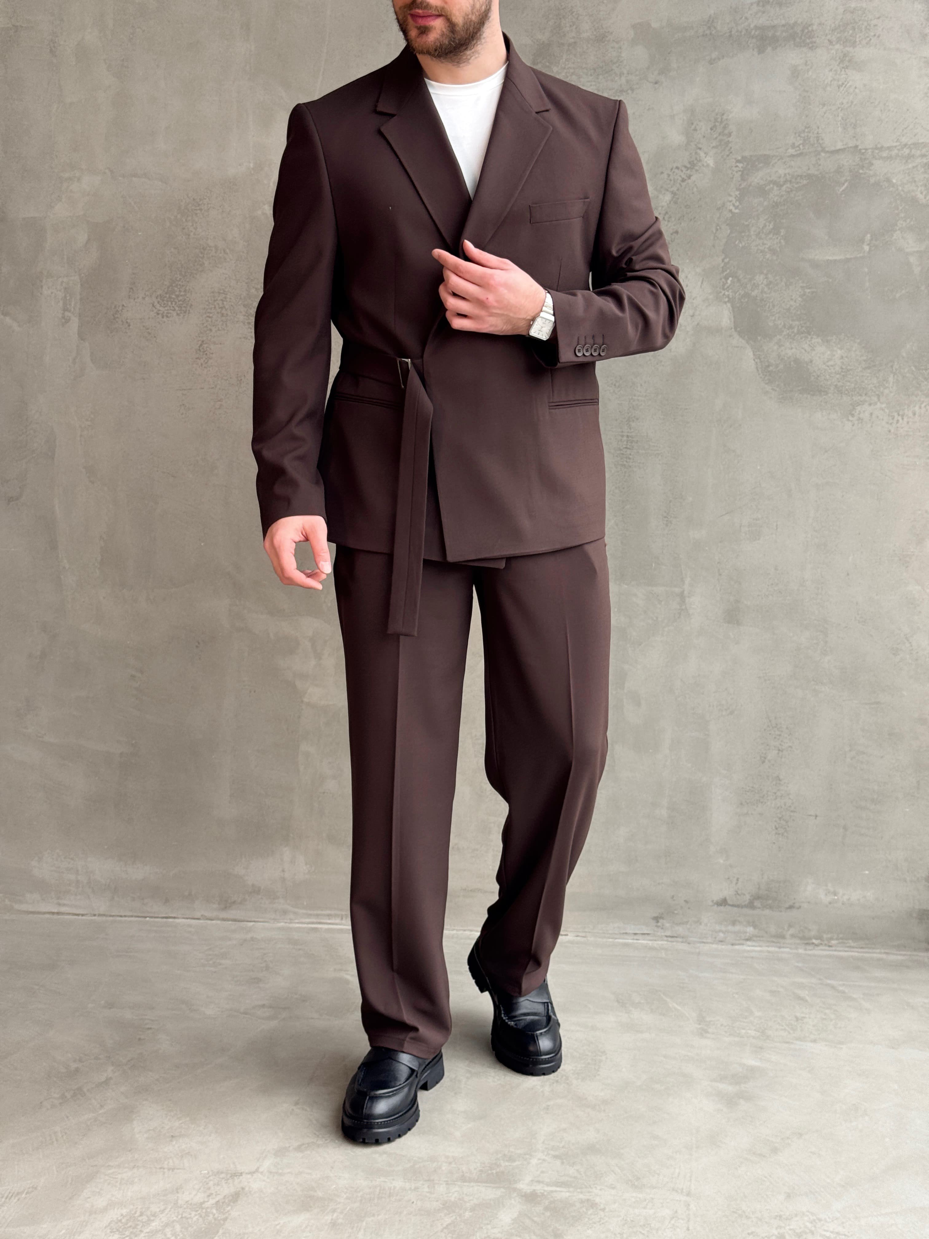 Erkek Business Collection Oversize Kalıp Kuşak Detaylı Kruvaze Model Takım Elbise-Kahverengi(E1896)Ketench