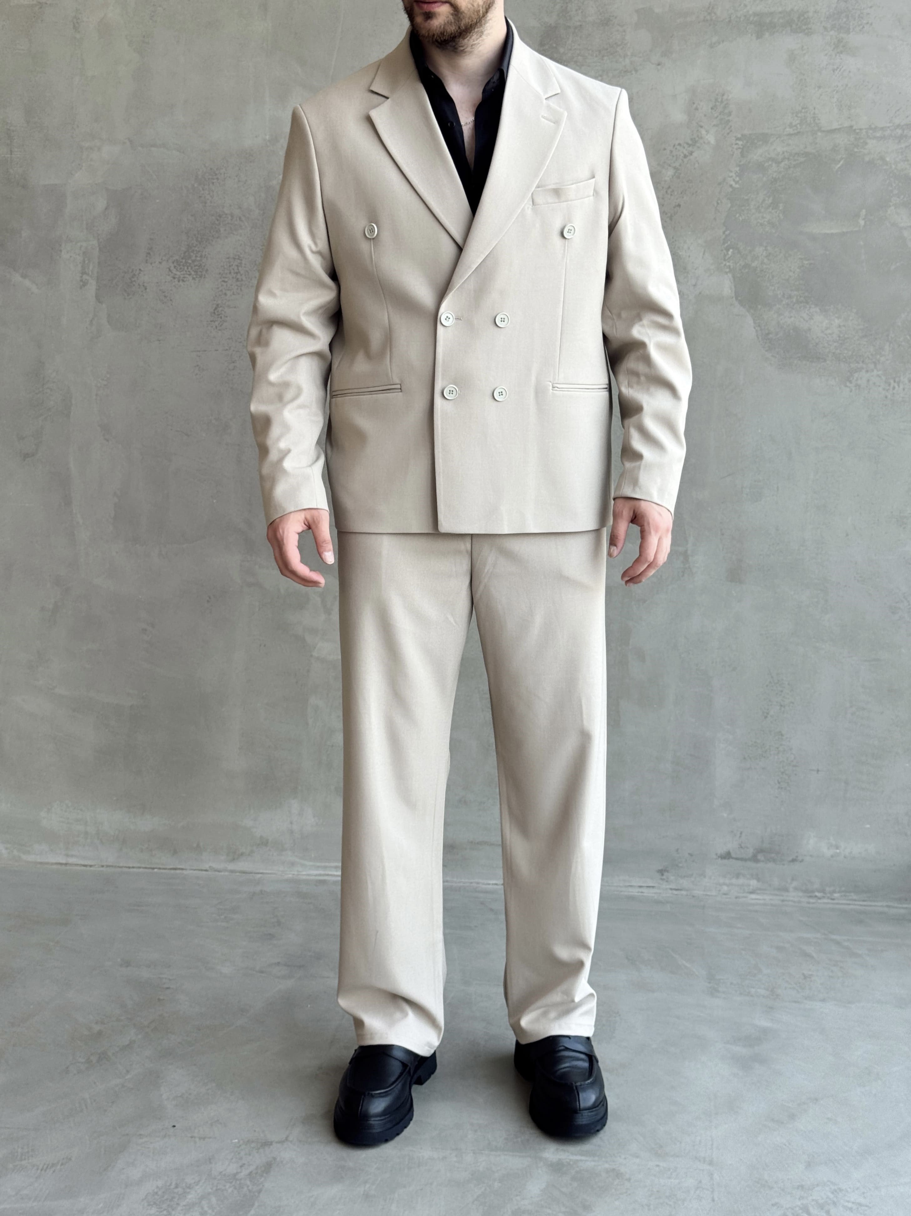 Erkek Business Collection Oversize Kalıp Kruvaze Model Takım Elbise-Bej(E1776)Ketench